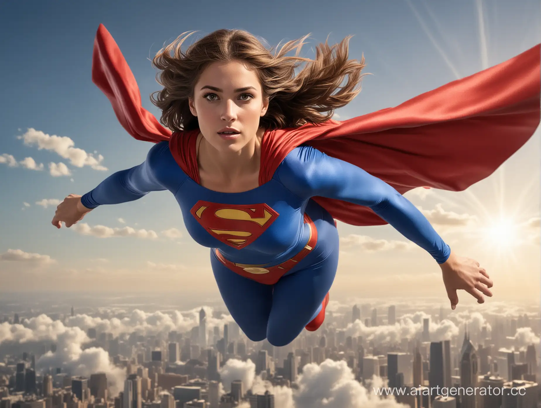 A pretty woman with brown hair, age 20, she is flying in the sky like Superman, she is serious and determined, her body is very muscular, she is wearing the classic Superman costume, blue tights, red briefs
