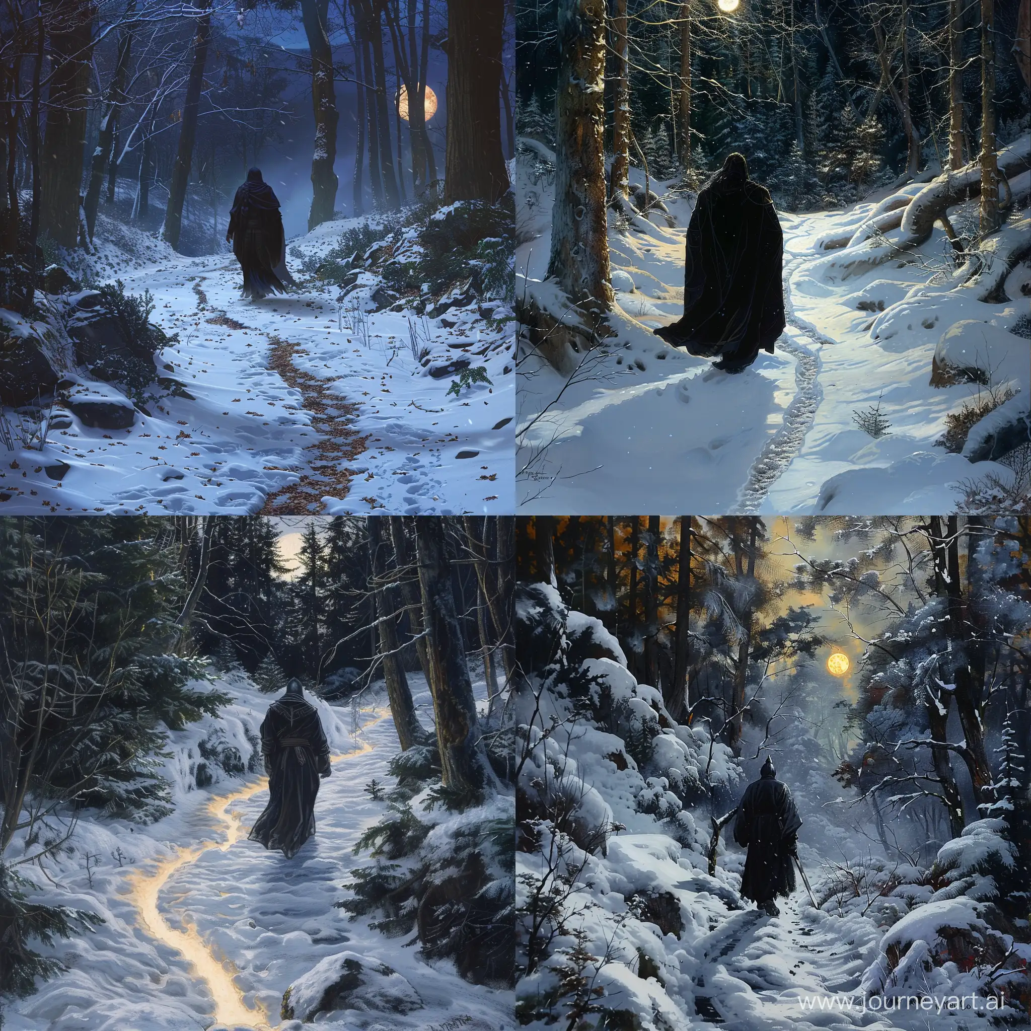 A warrior in a black robe walks along a snow-covered path in the forest. The path is illuminated by the moon