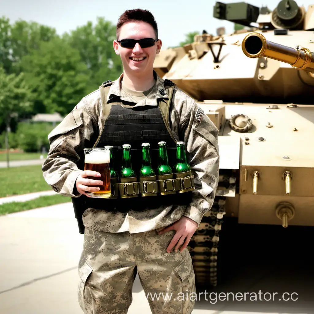 Солдат с пивом рядом с танком ЧВК пиво