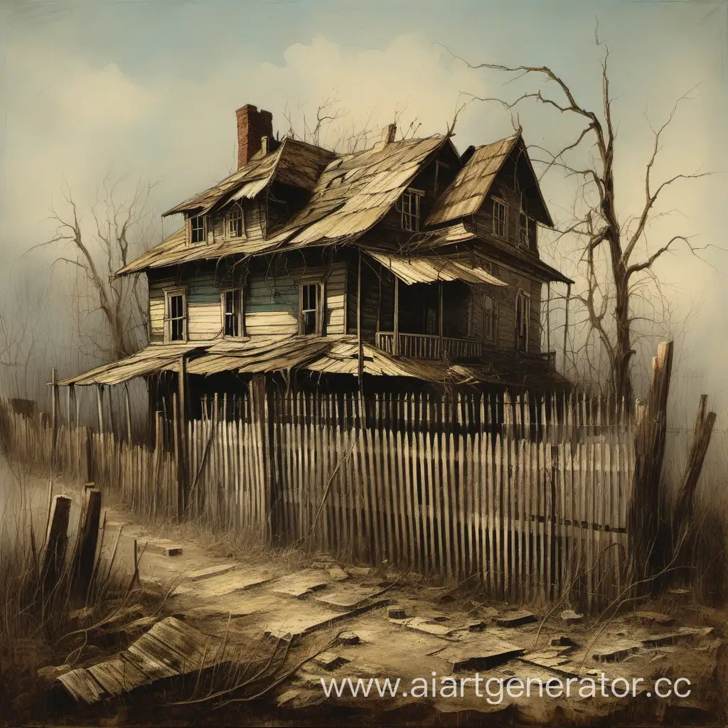 старый дряхлый домик с ветхим забором картина