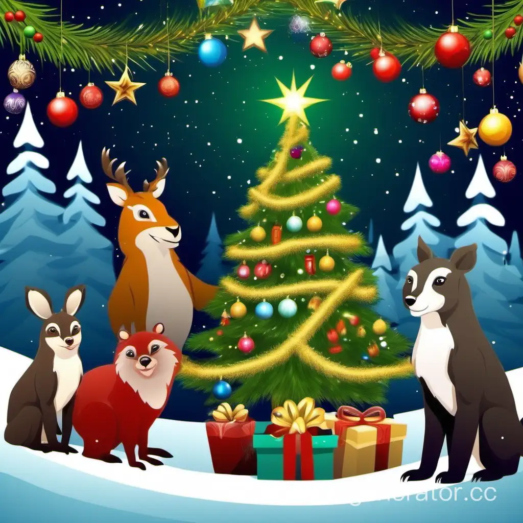 Сненерируй новогоднюю картинку для мамы, где будут: волшебный лес, звери, подарки и украшения на ёлке