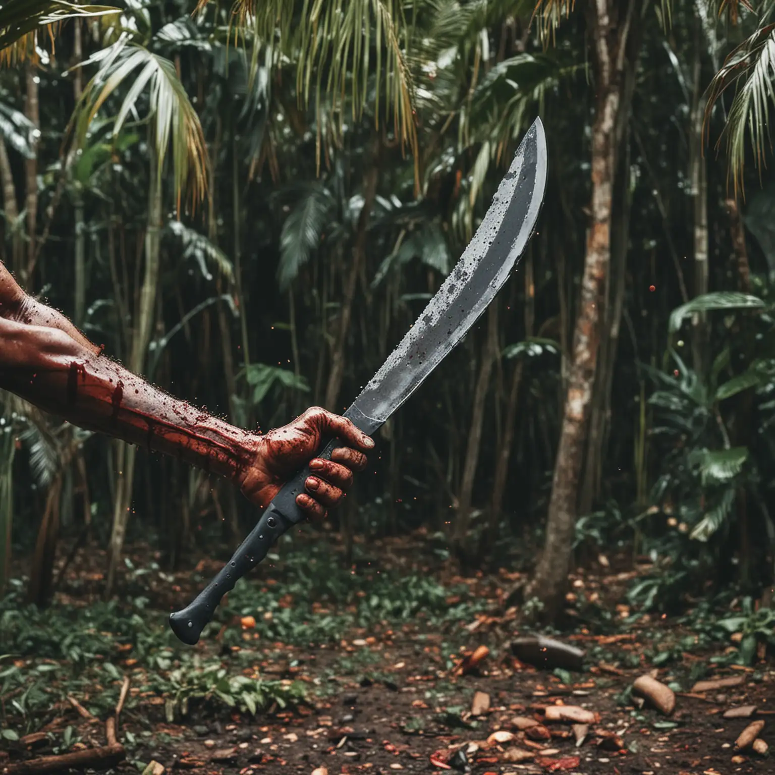Dans un environnement tropical Mains sanglantes tenant une machette