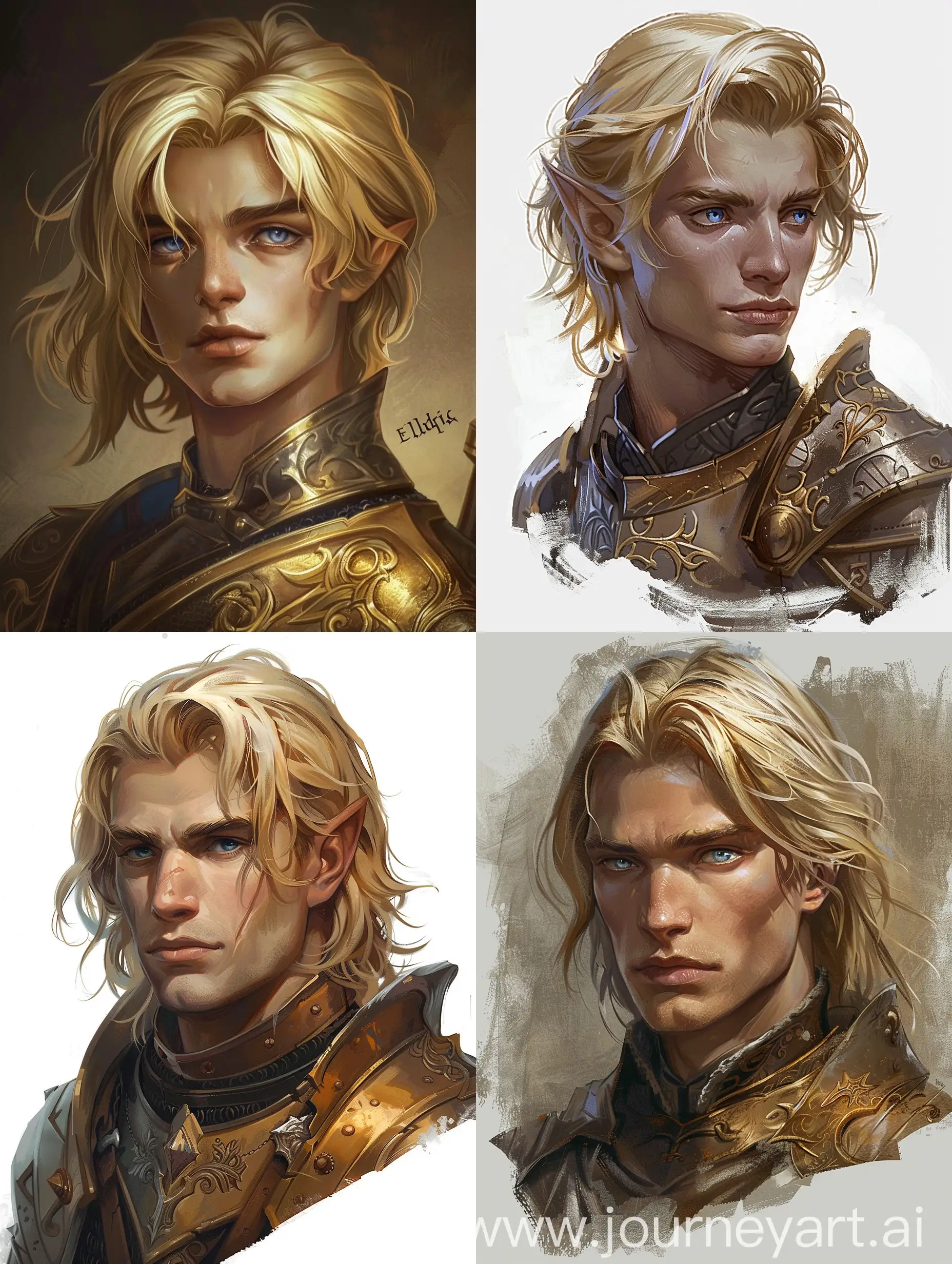 Describe Eldric, a noble-hearted knight in a fantasy world. He has blond hair, a sturdy physique, and exudes bravery. A knight who upholds truth and justice. Provide details on his hair length and style, the intensity of his blue eyes reflecting determination, and his tall and robust stature. Ensure these elements create an image of a valiant knight with a strong sense of righteousness and courage."