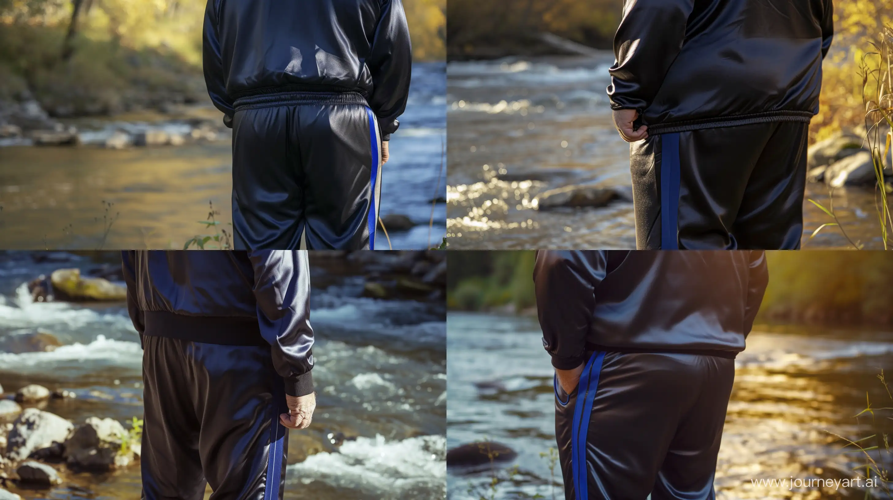 Back view close-up photo of a fat man aged 60 wearing a silk navy tracksuit with royal blue stripe on the leg. River. Natural Light. --style raw --ar 16:9