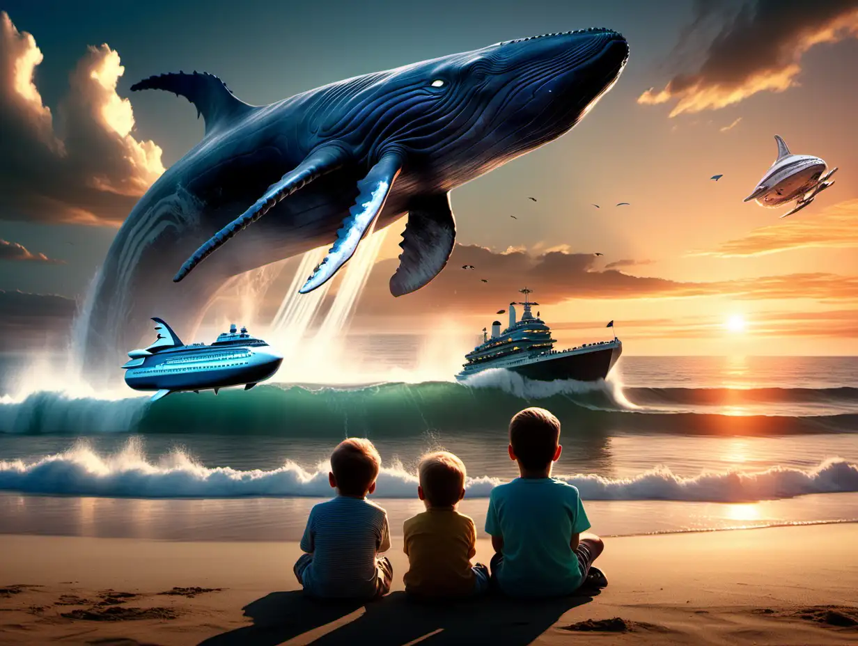 small children and an old couple sitting on the beach  watching giant whales jumping out of the water and Starship Enterprise overhead at sunrise