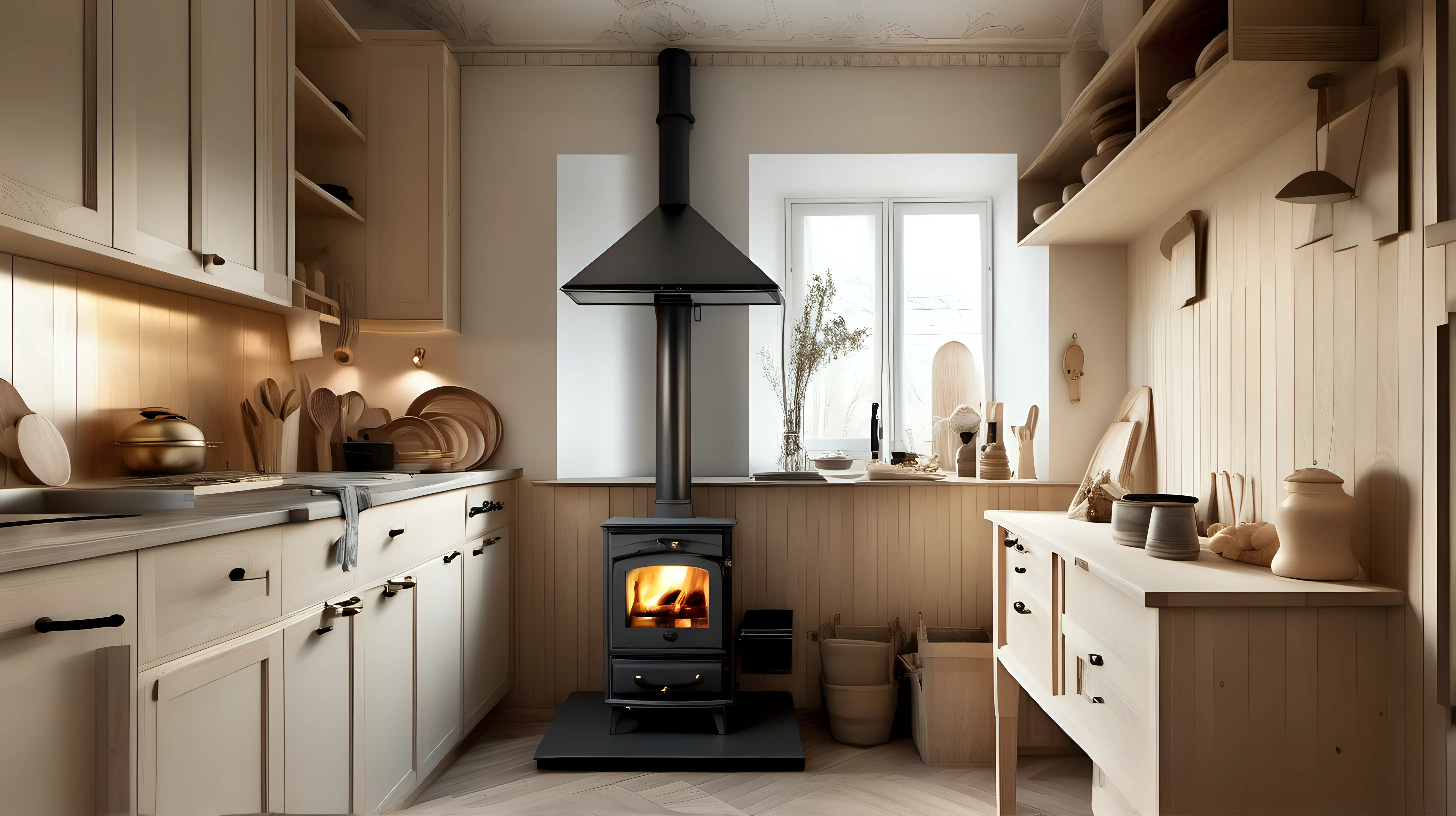 A nordic kitchen, maple wood accents and moldings and a black wood-burning stove Warm golden lighting, photographic quality.