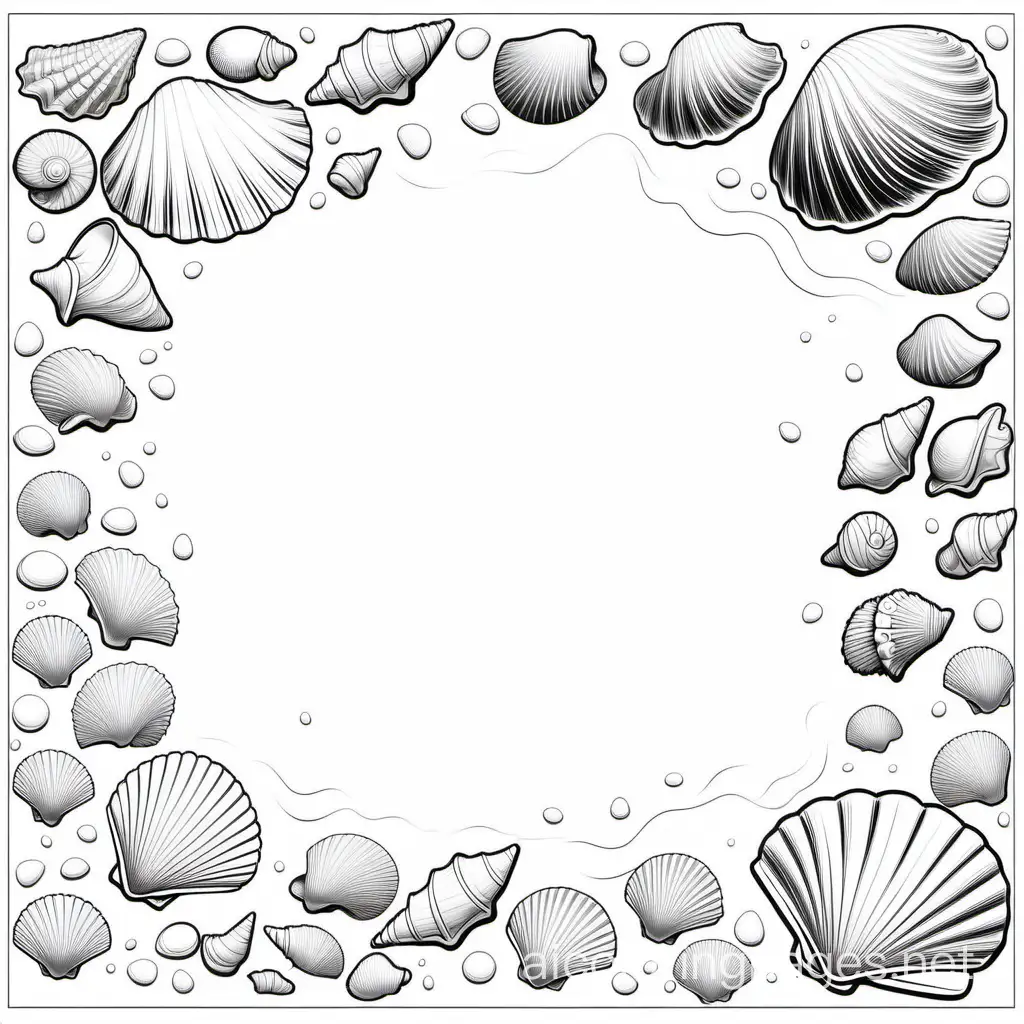 Sea shells on a flat beach, Coloring Page, black and white, line art, white background, Simplicity, Ample White Space. The background of the coloring page is plain white to make it easy for young children to color within the lines. The outlines of all the subjects are easy to distinguish, making it simple for kids to color without too much difficulty
