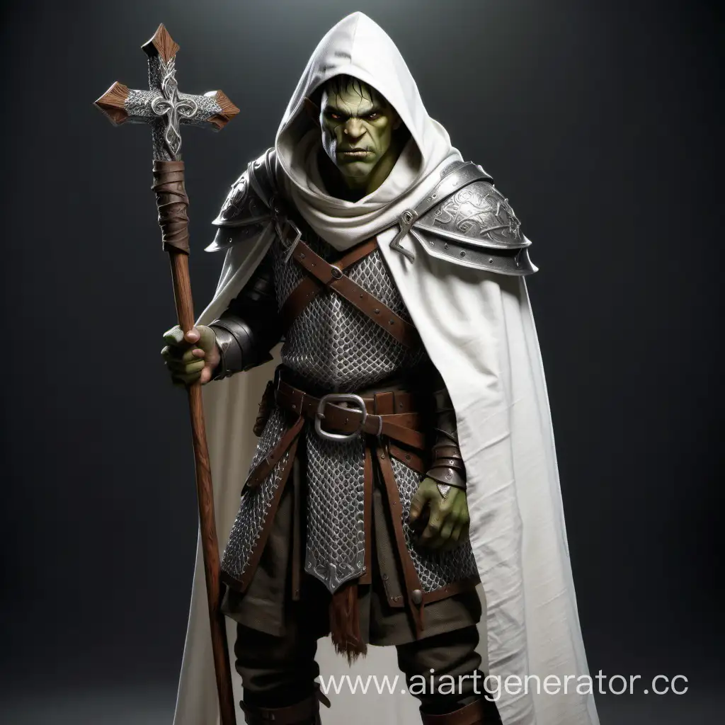 young tall half-orc cleric wearing full chainmail armor with an engraved cross on the chest and a white cloth hooded cape with a long wooden staff