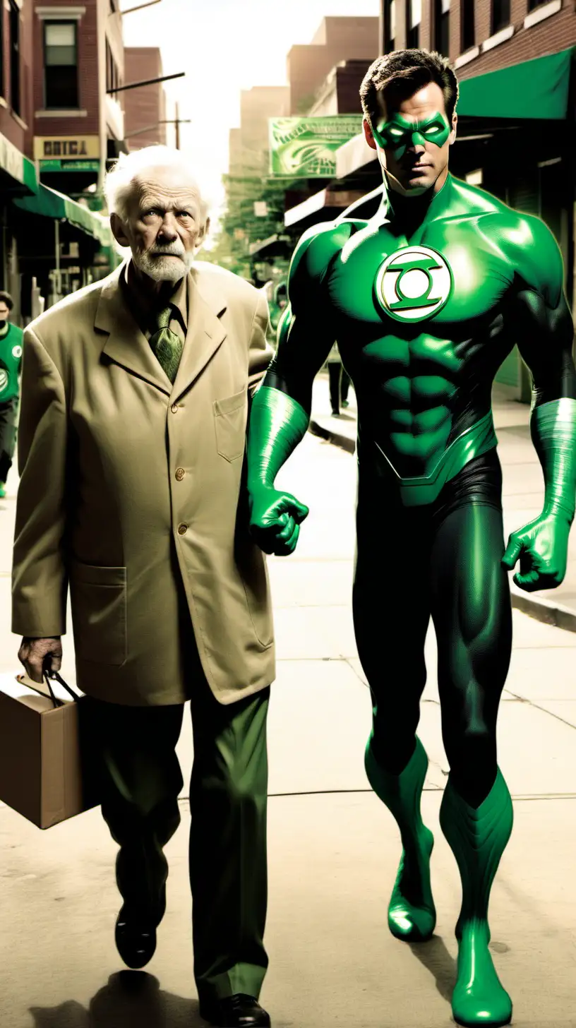 Green Lantern and Elderly Companion Strolling Through Urban Landscape