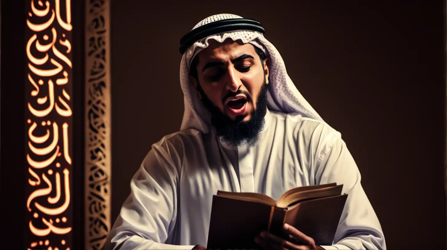 an epic, vivid image of an arabic man reciting classical arabic poetry