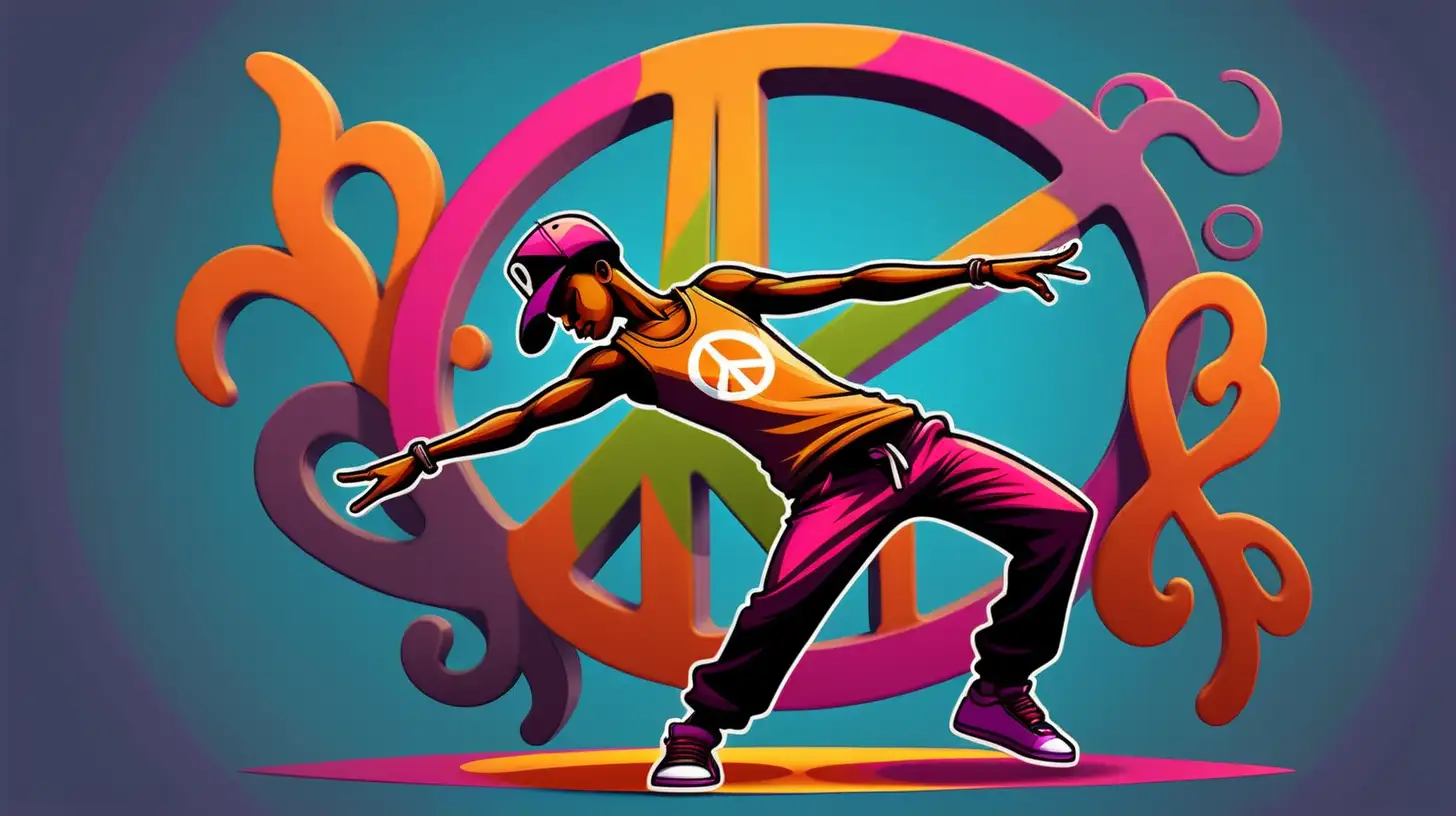 Logo for indie game company "Peace Dancers" with one break dancer and peace sign  on the lbackground