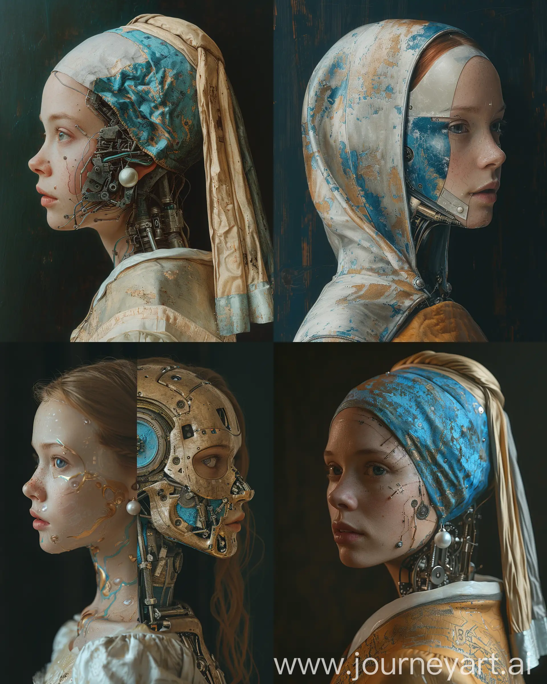 portrait of the girl with the pearl earring, inspired by vermeer's classic artwork of the girl with the pearl earring, reimagined as a cyborg, robot, half the face is android, creating a hyperpunk scene with metal and blue details, --ar 4:5 --s 850