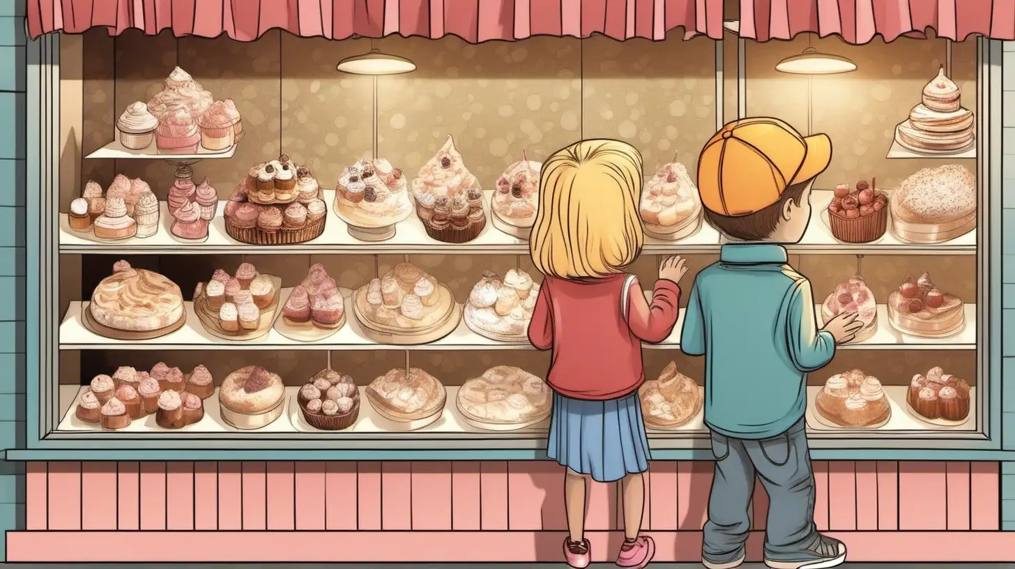 Blonde Girl and Boy Admiring Desserts at Bakery Window