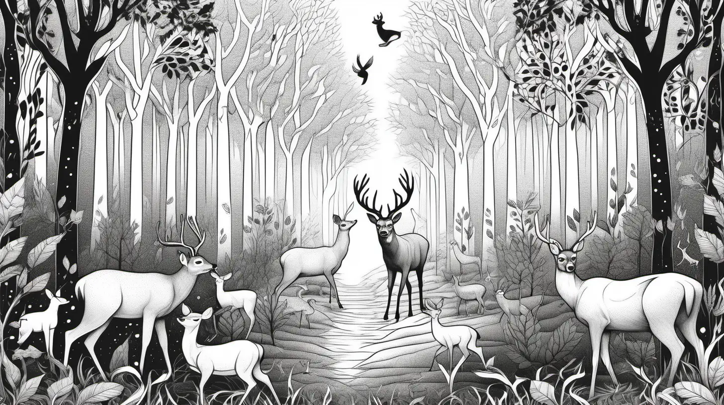 simple forest with deer and animals, black and white picture, everything within the border, all lines connected