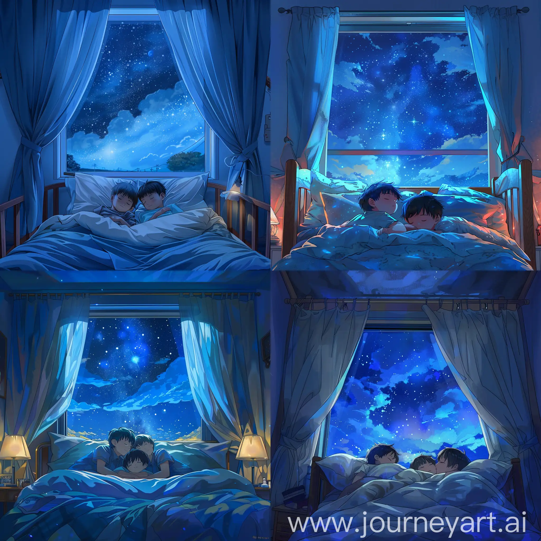 Anime style,aesthetic mixing with makoto shinkai style,highly touches of anime style,two boy kids sleeping between his mom and dad on a cozy bed,❤family,cozy bed,blue night has kissed the surroundings and room,beautiful nebula night view from the window,avoid bad view and avoid distorted view or there faces,simple room,curtains.
