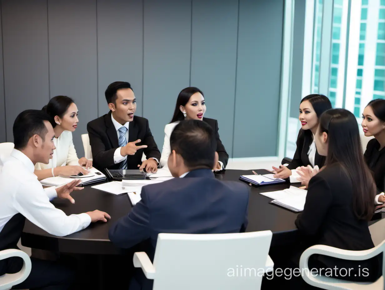 two Bruneian men and eight Bruneian women having a formal discussion in a corporate setting.
