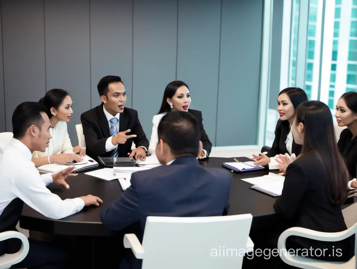 two Bruneian men and eight Bruneian women having a formal discussion in a corporate setting. 