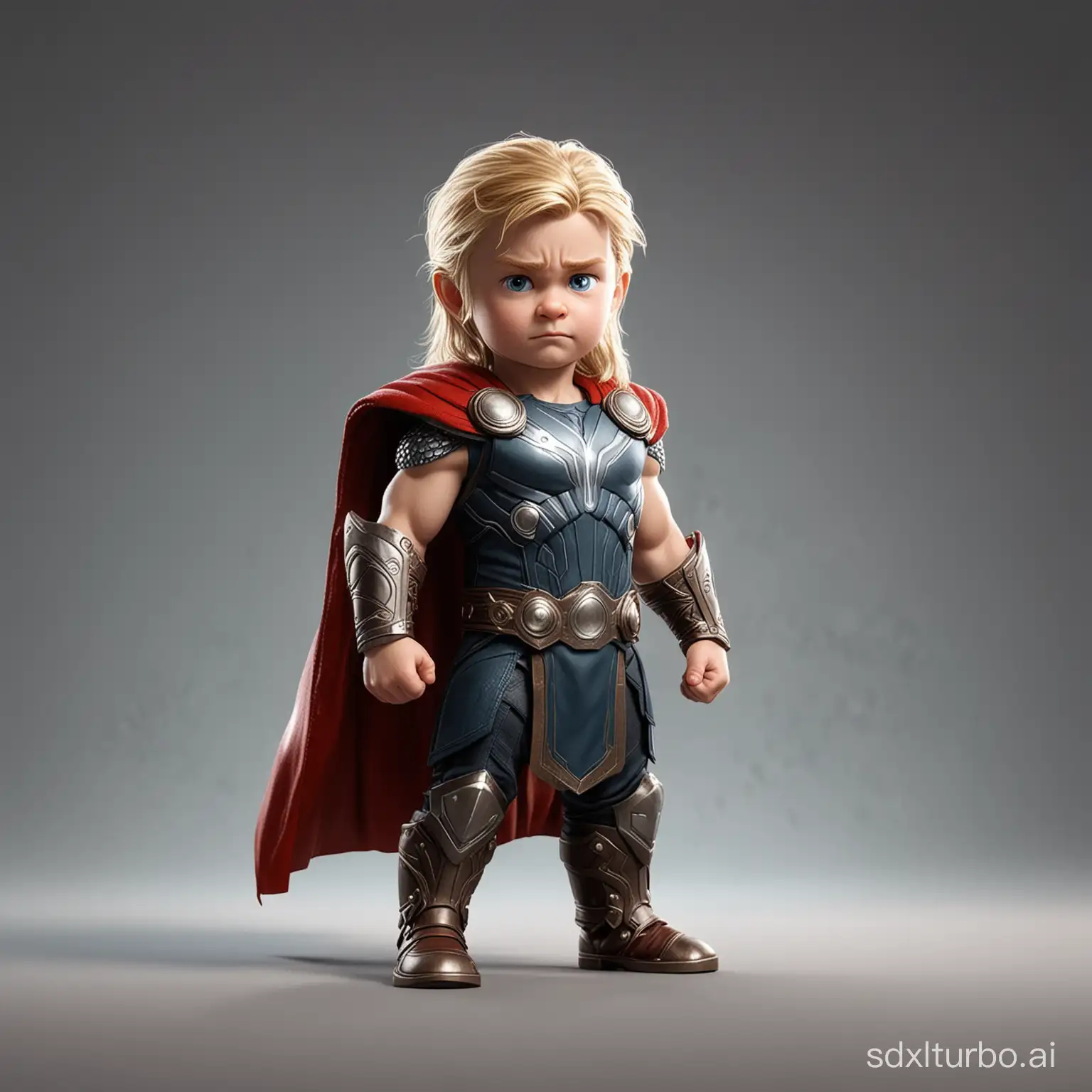 Little child Thor God of Thunder, game character, stands at full height
