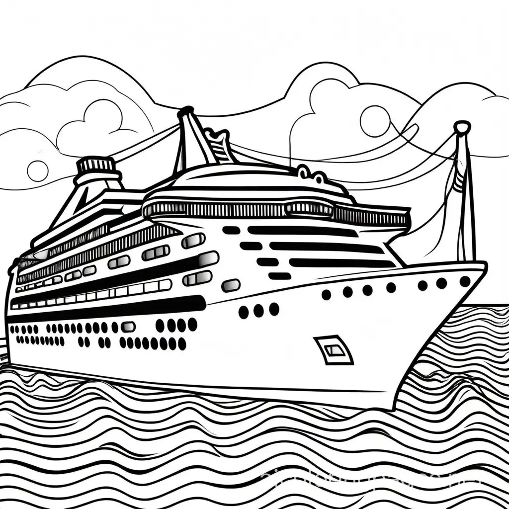 cruise ship to colour in, Coloring Page, black and white, line art, white background, Simplicity, Ample White Space. The background of the coloring page is plain white to make it easy for young children to color within the lines. The outlines of all the subjects are easy to distinguish, making it simple for kids to color without too much difficulty
