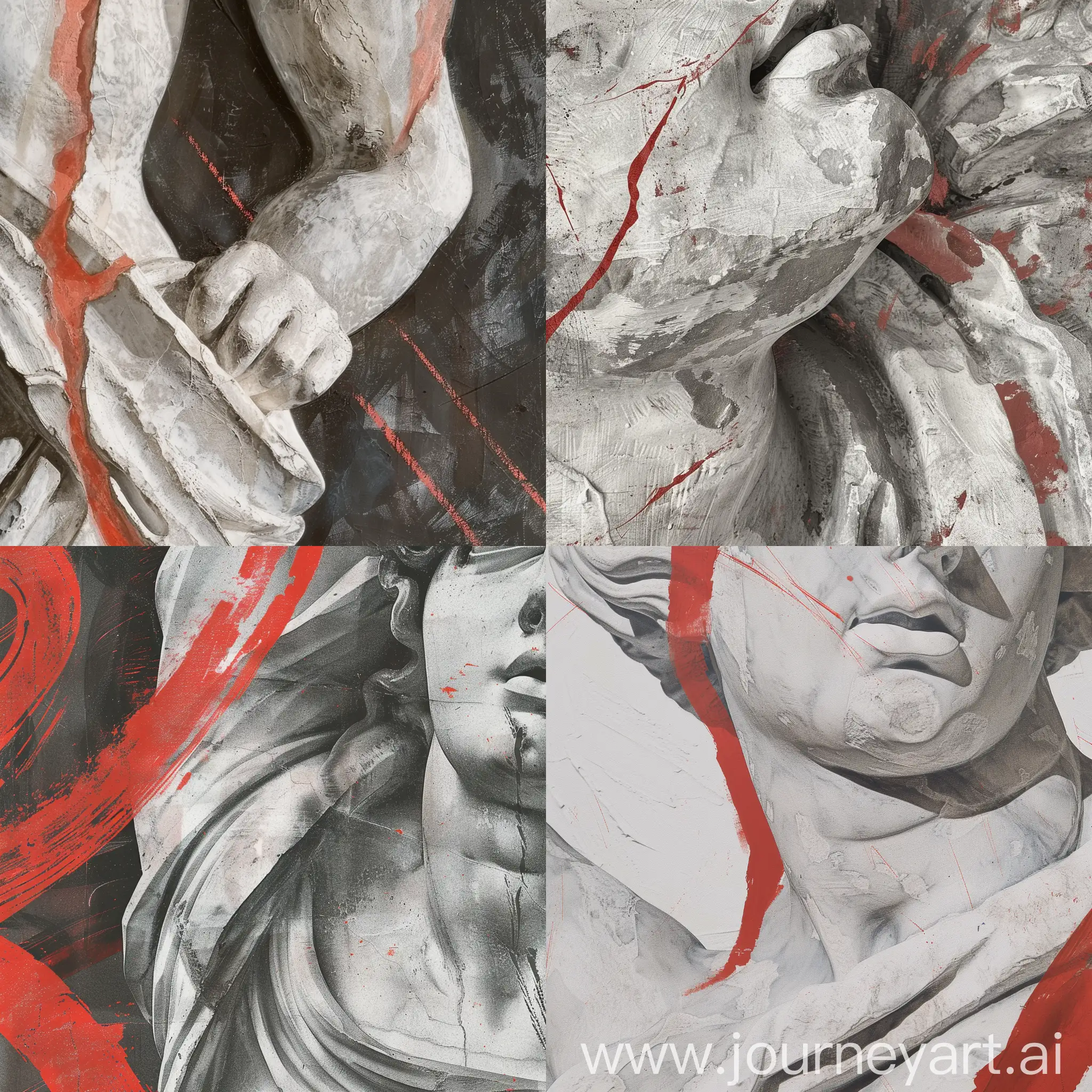please paint for me, in tempera style, in gray scale, a close-up of parts of the stone renaissance sculpture of female torso ,with the edge of the picture draw few thick lines of red color, of irregular shape and print with print stencil font AO-722