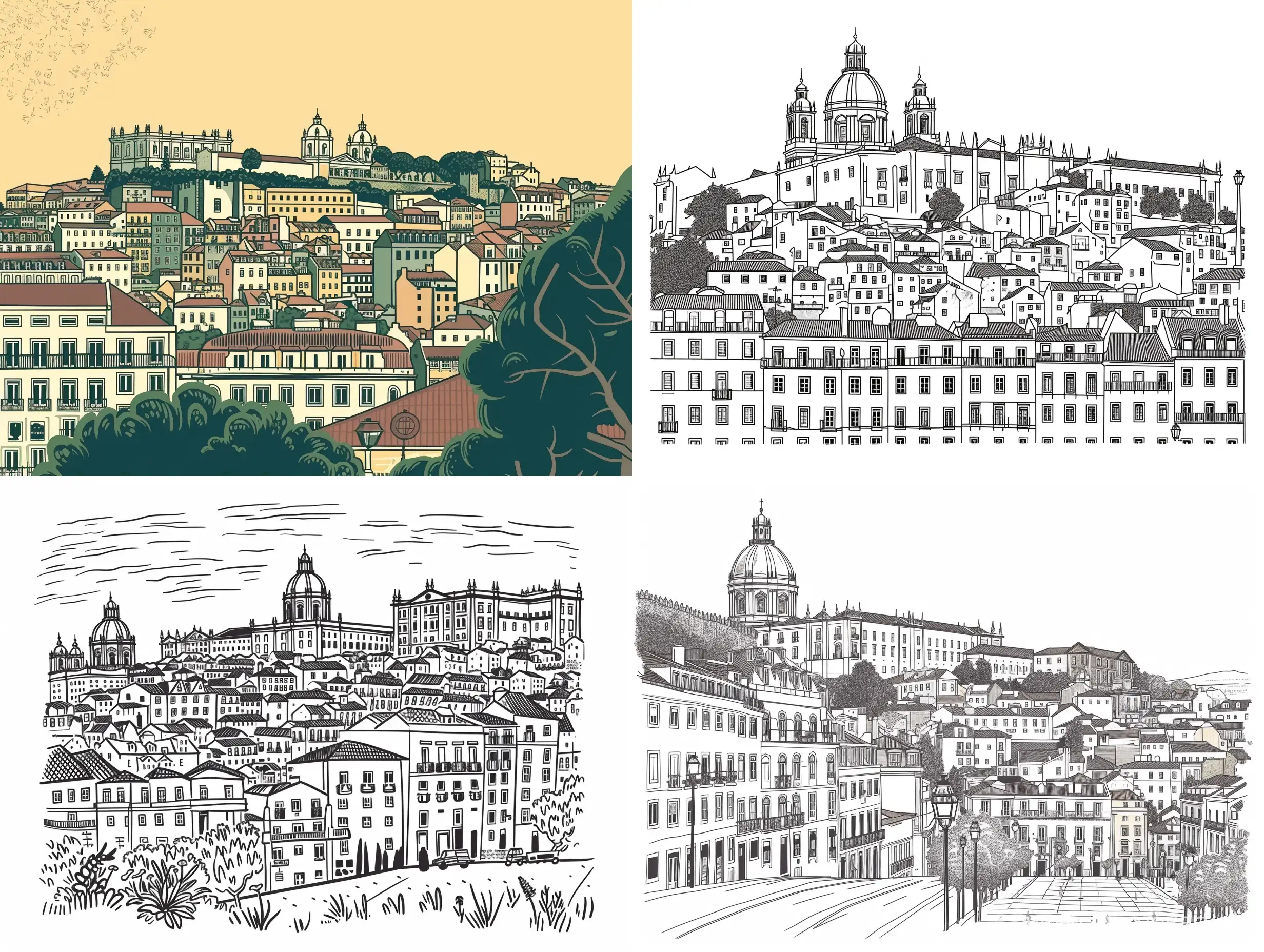 Город Лиссабон, векторная иллюстрация для старинного журнала, иллюстрация, внешний контур