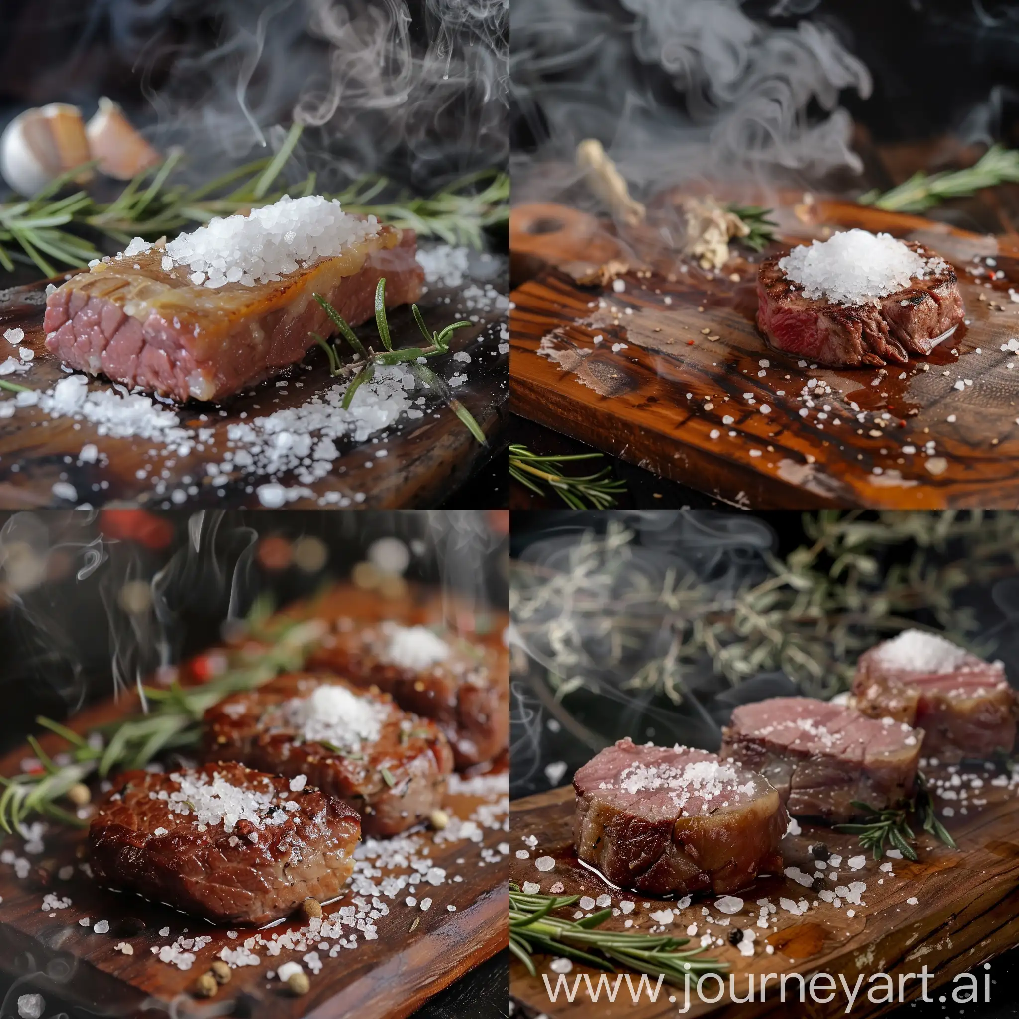 Medium-Rare-Steak-on-Wooden-Board-with-Rosemary-and-Coarse-Salt