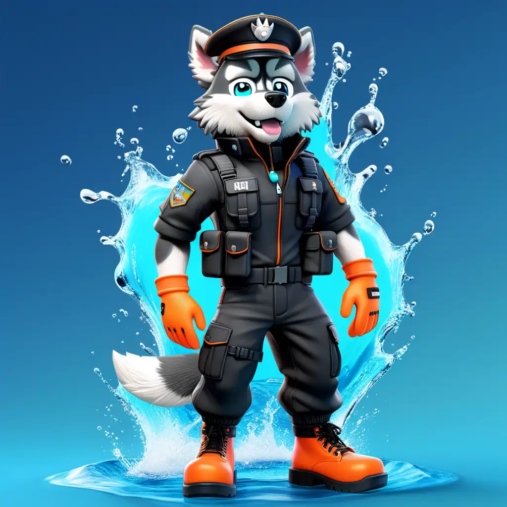 create a full body 3D game character furry husky model wearing an all black military uniform, black cargo pants, black military boots, orange gloves, black beret. Aqua watersplash background using the colors royal blue, orange, neon green, and red.