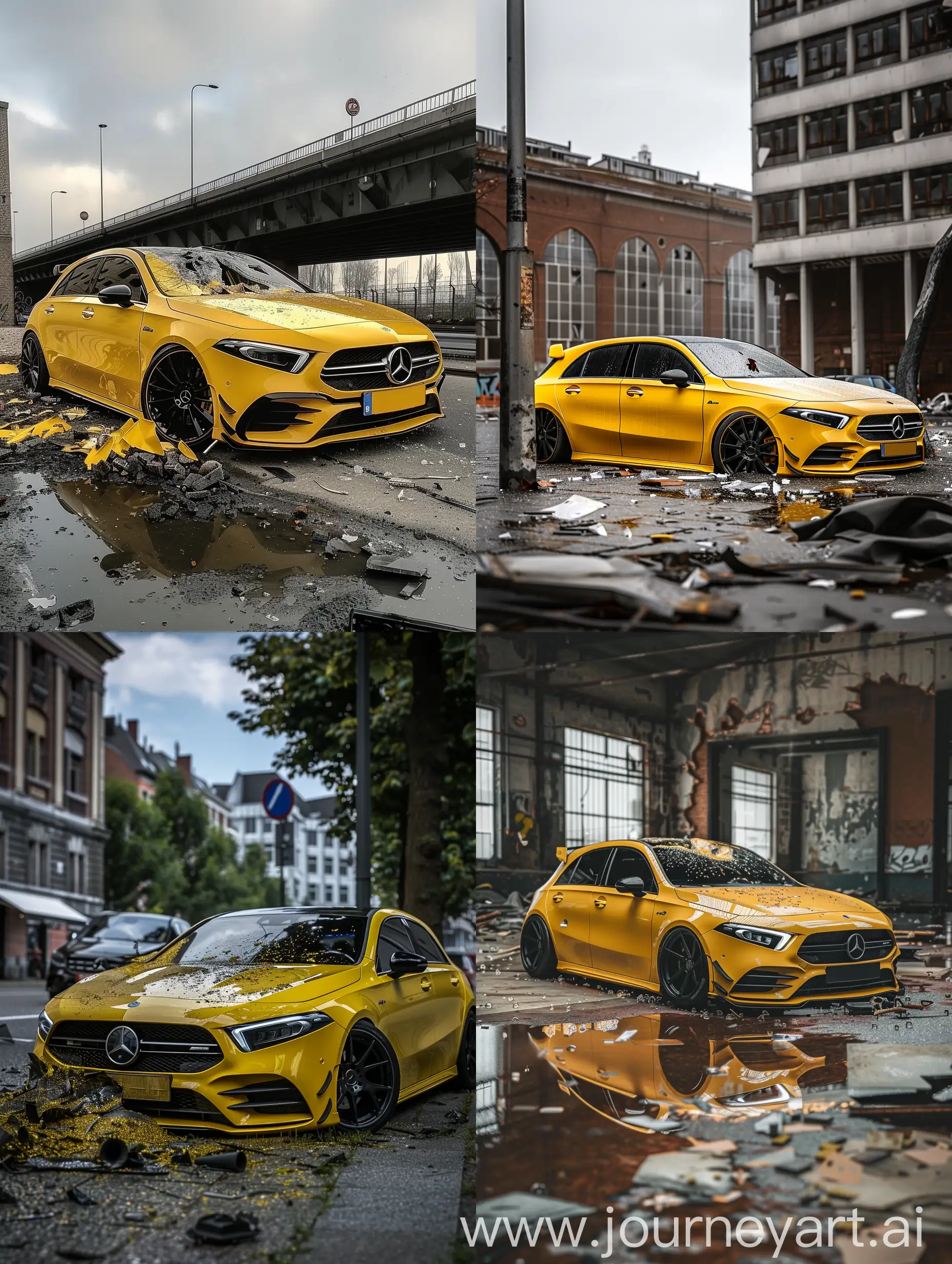 Pinterest style foto van Instagram gecrashte Mercedes a35s in geel met zwarte velgen uit 2022 gecrasht helemaal totall loss in Antwerpen GECRASHTE op paal helemaal kapot realistic 