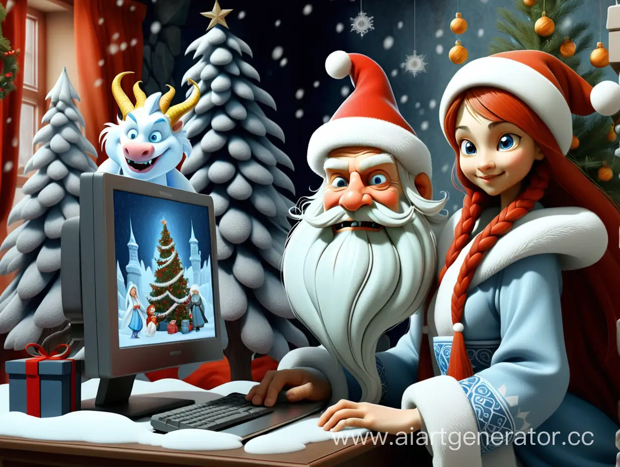 добрая открытка с новым 2024 годом дракона с елочкой и дедушкой морозом и снегурочкой за компьютером 