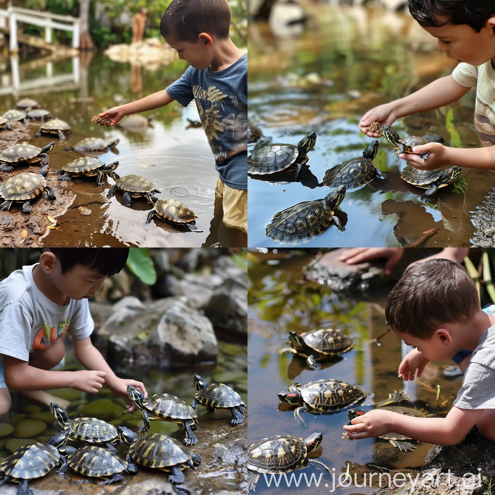 The mud turtles in the pond are asking the boy for feed