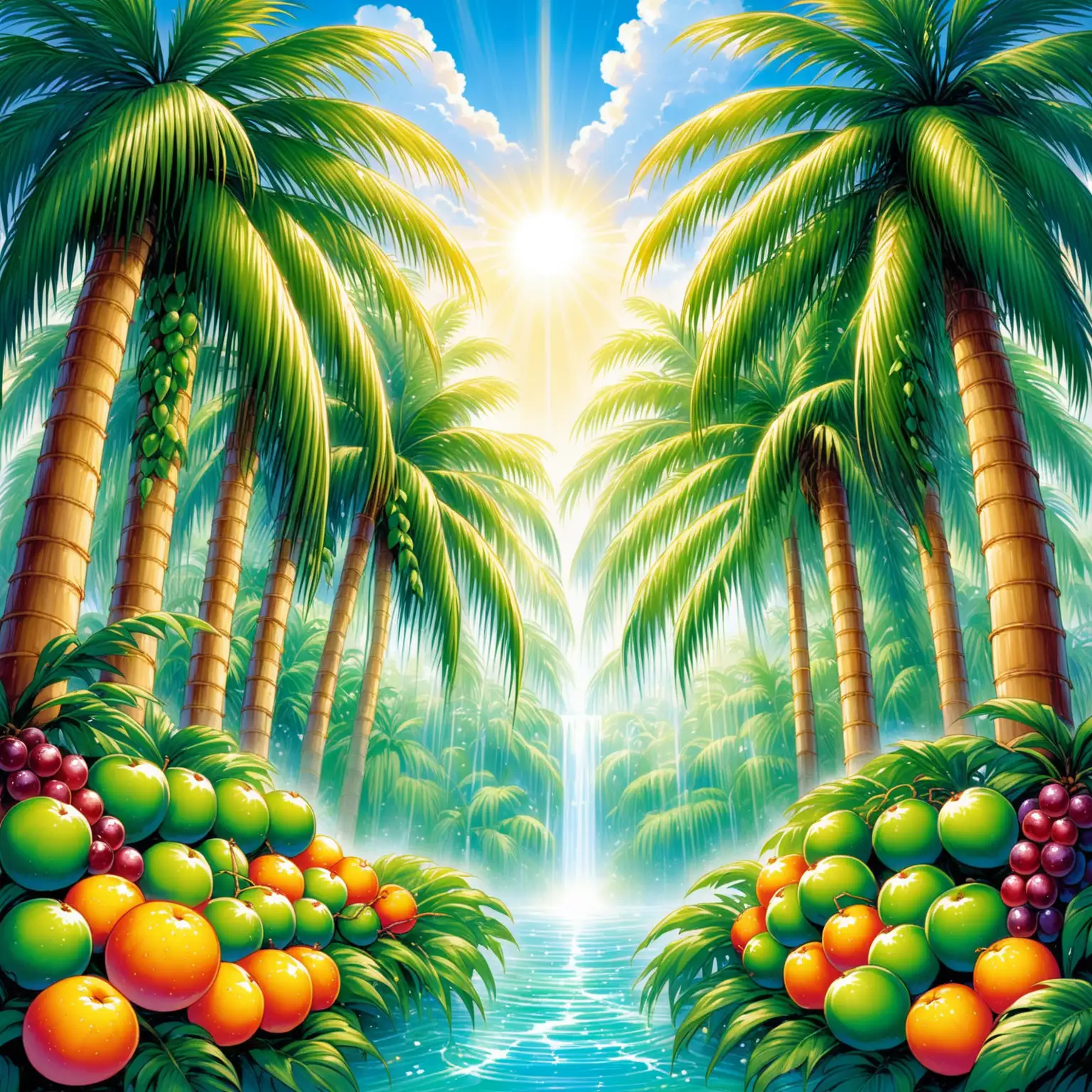 Paradise Garden Lush Palms Flowing Streams and Abundant Fruits