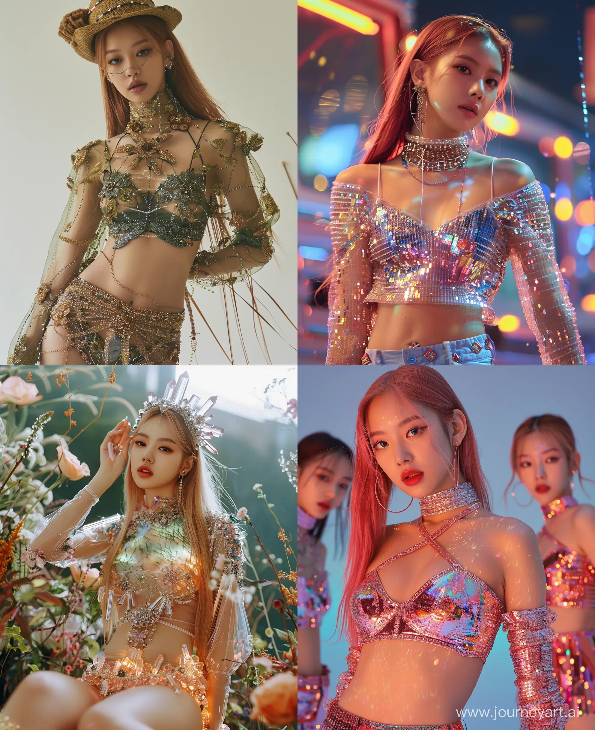 High resolution fashion photo of jennie blackpink's  full body shot, wearing a crystal outfit made of Labradorite, super casual, everyday attire, jennie, lisa,rose,jihyoo blackpink's i d o l,mysterious nocturnal scenes, mischievous motif, album covers, flickr --ar 103:126 --style raw --stylize 250 --v 6