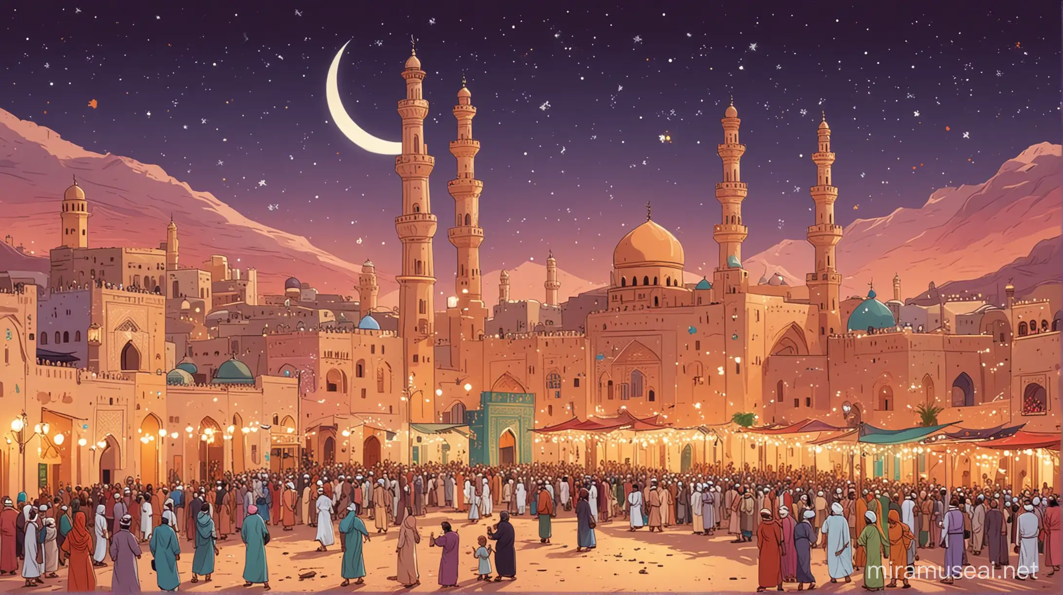 Eid celebrations in Nizwa , cartoon style, tech color palette