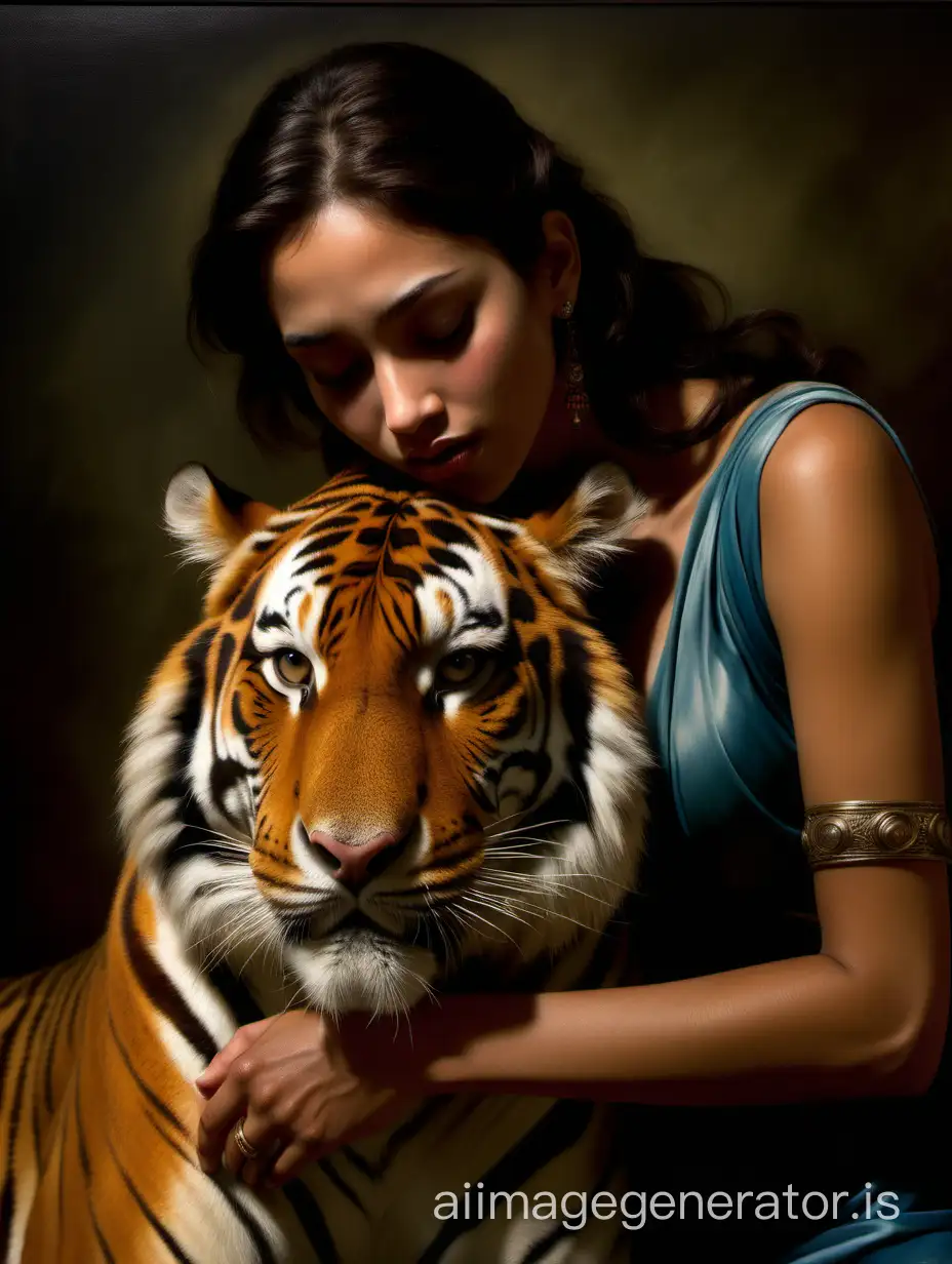 A portrait of ((Princess Jasmin hugging Rajah, her tiger)), dramatic lighting, emotional intensity, tenebrism, soft edges, oil on canvas, romanticism, realism, chiaroscuro, by Annie Leibovitz