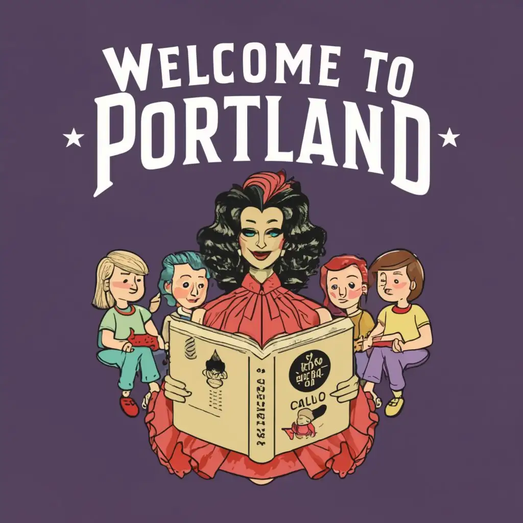 logo, drag queen reading a book to a room full of children, with the text "welcome to portland", typography
