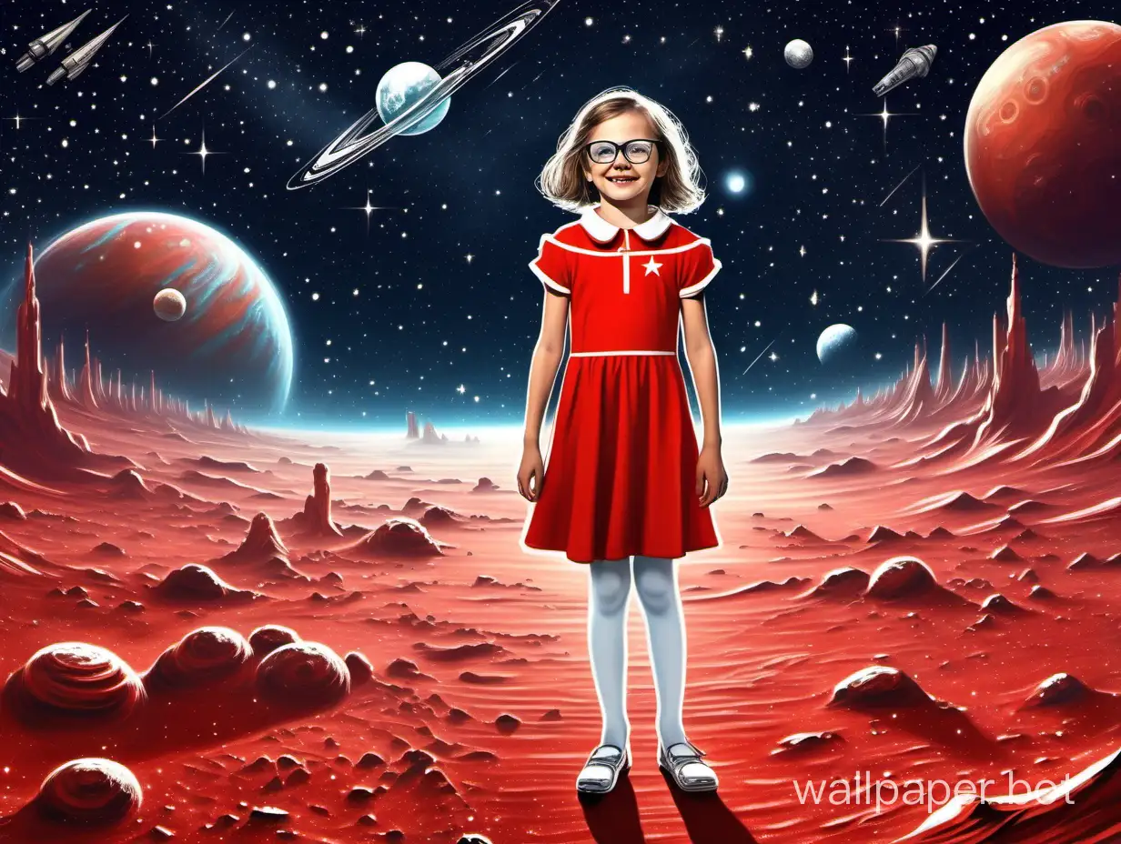 cheerful Soviet girl 12 years old in a short red dress with open shoulders, white tights, and glasses walks through the spaceport on Mars under the starry sky with polar baroque luminescence
