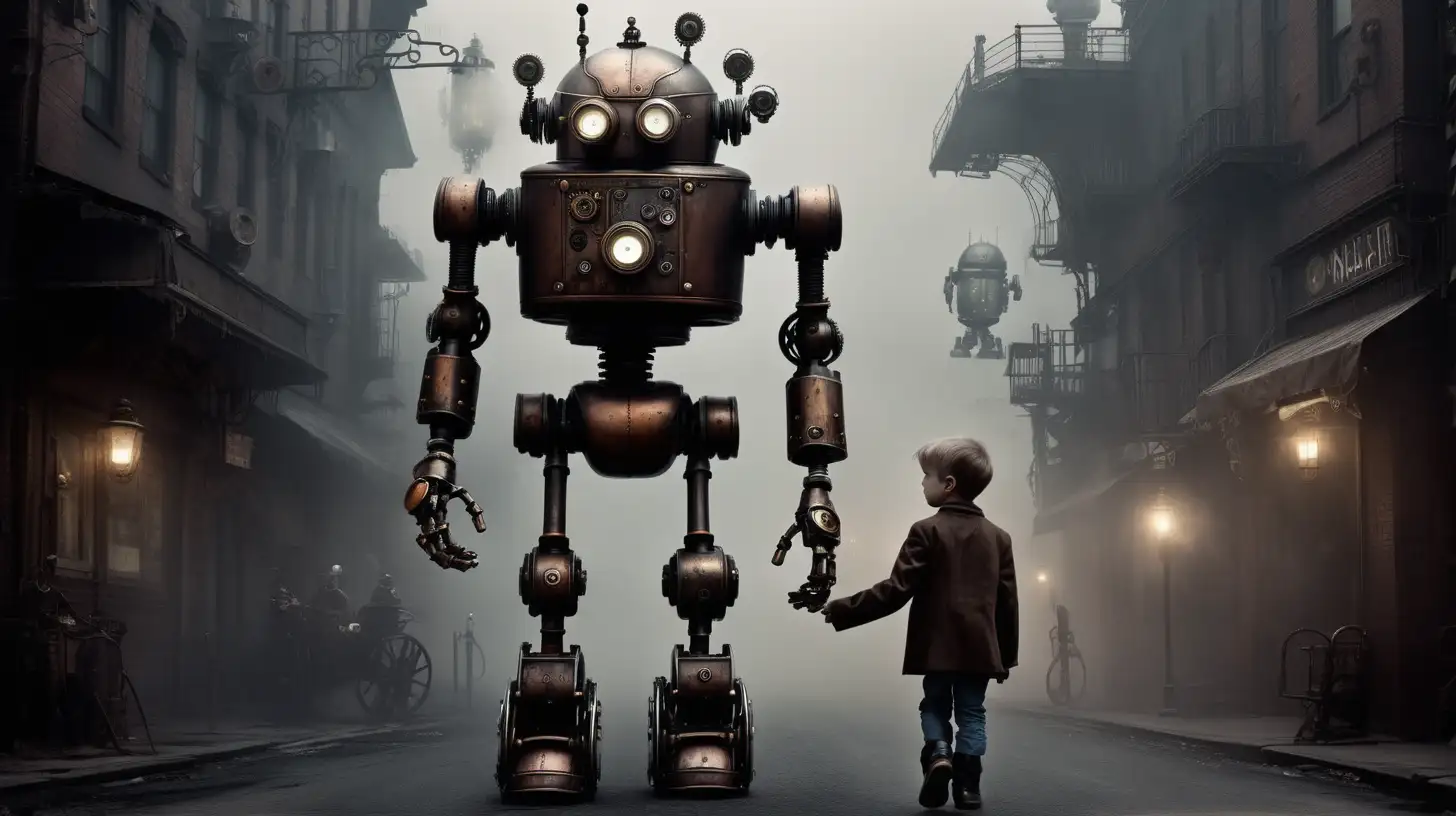 Steampunk robots, steel, darkness, street, fog, child, hand in hand with robot 