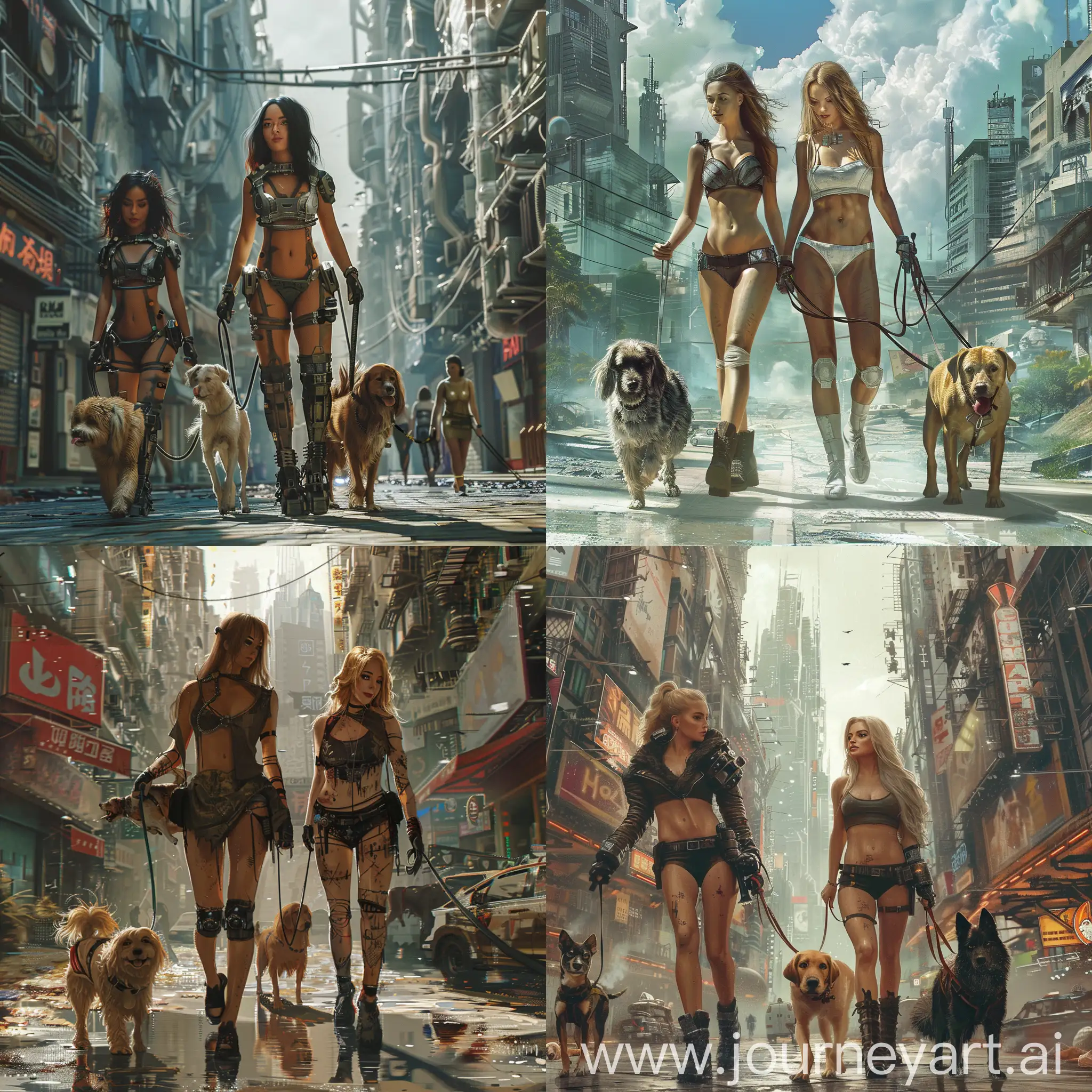 dystopian city, beautiful  women, walking dogs