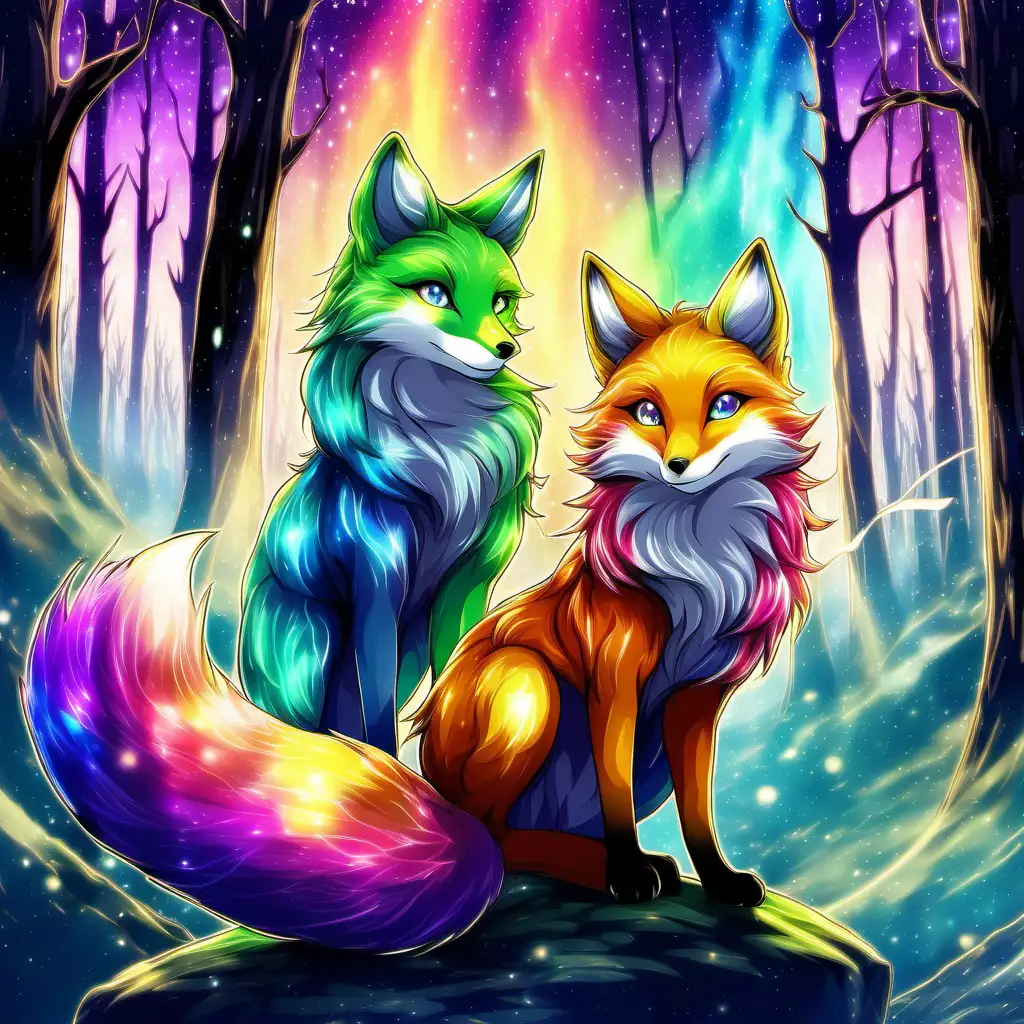 n anime style, in a mystical forest realm , an image of mythical, playful Aurora Foxes, with rainbow color fur that shimmers in hues of the aurora borealis. Their eyes gleam with a mischievous intelligence.