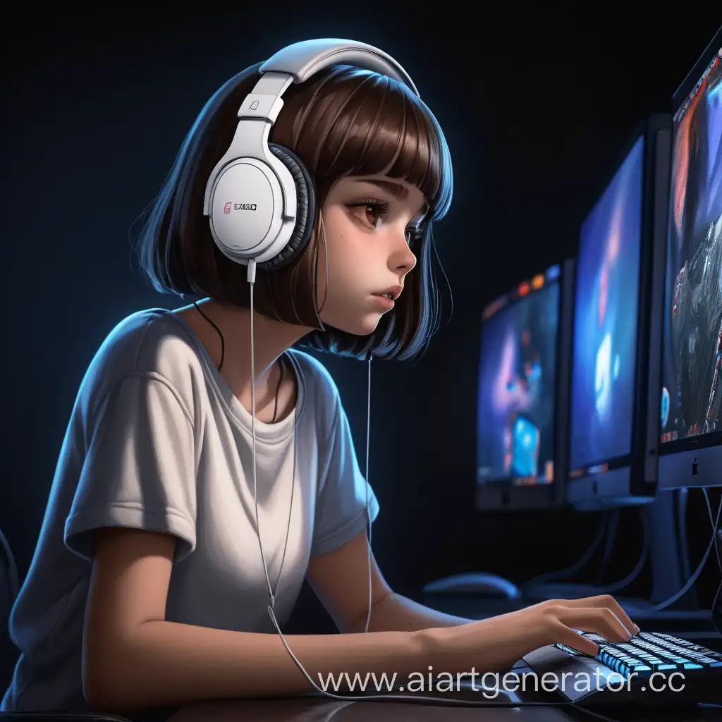 Young-Girl-with-Bob-Haircut-Playing-Computer-Games-in-Dark-Room