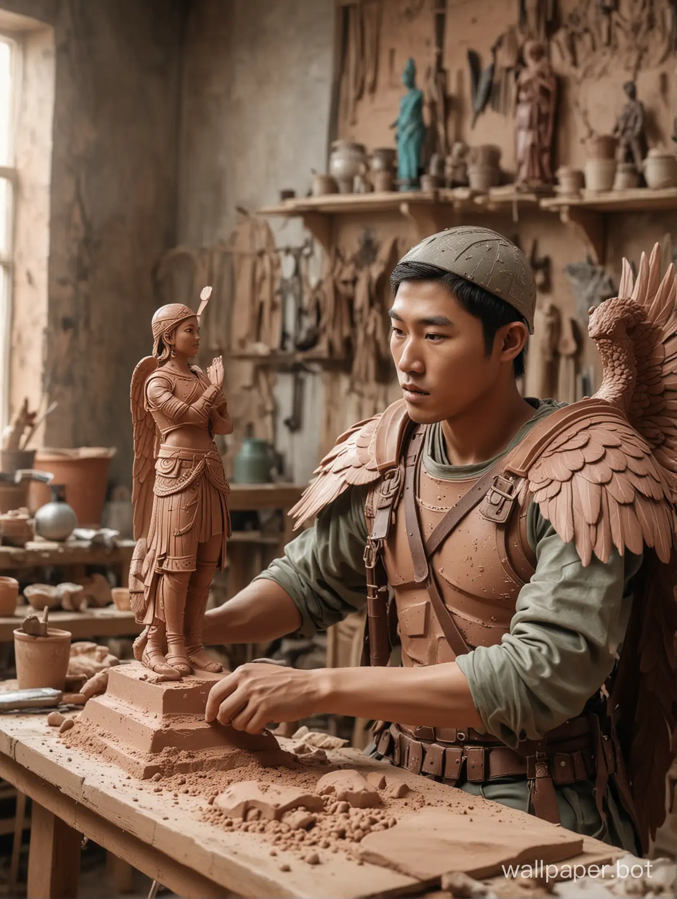 Imagine a scene of 22 year old Asian male wearing a helmet with wings and Roman soldier armor. He is sculpting a clay female figurine in a workshop.  Cinematic, use creative, unrealistic, and explosive pastel colors to fill the background