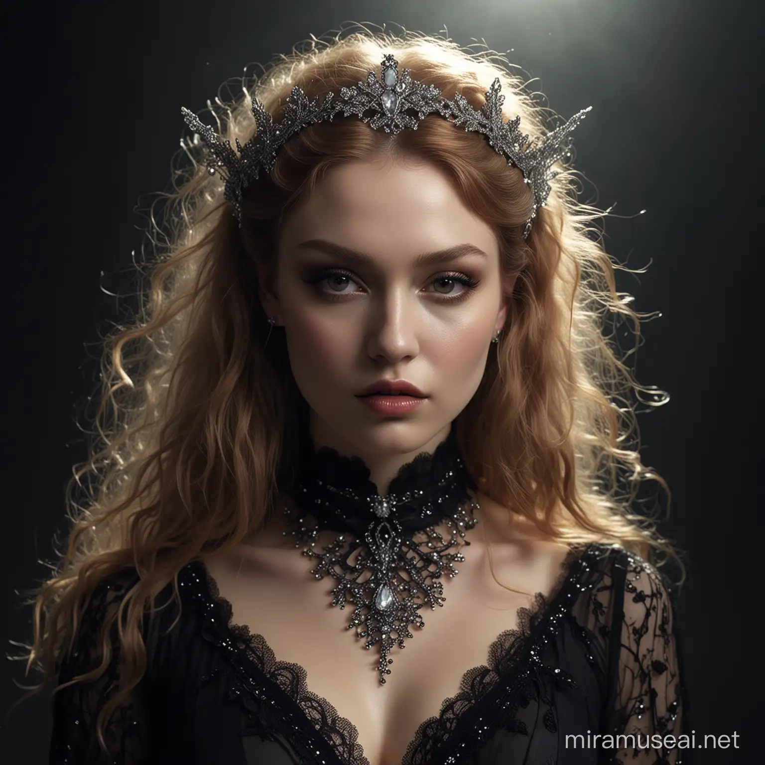 Beautiful vampire fairy, gorgeous and sensual, dark fantasy, in minimalistic futuristic floaty top, minimal lace headwear, dreamy big curves fluffy dreamy long oak hair, diamond crystals on forehead and cheek, face glows, mysterious lighting, in the style of Prada, highly detailed, movie quality