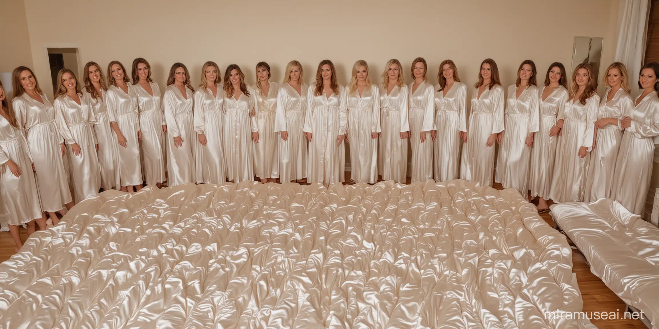 30 women in creamy white satin nightgowns stand in 10 rows on a huge satin bed look you