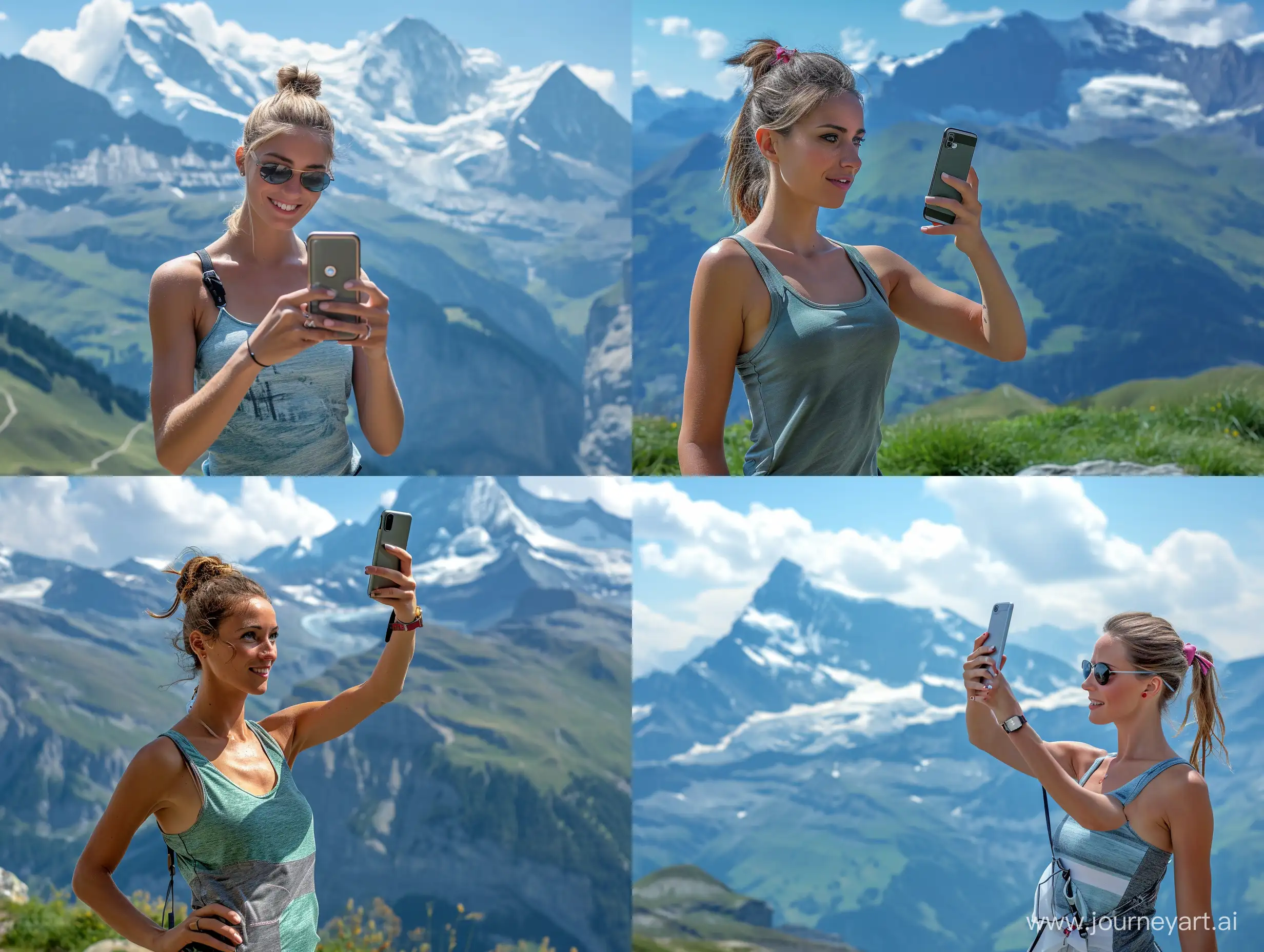 photorealistic image of an stylish beautiful European female dressed in a tanktop taking a selfie with an smartphone standing with the swiss alps in the background  high angle