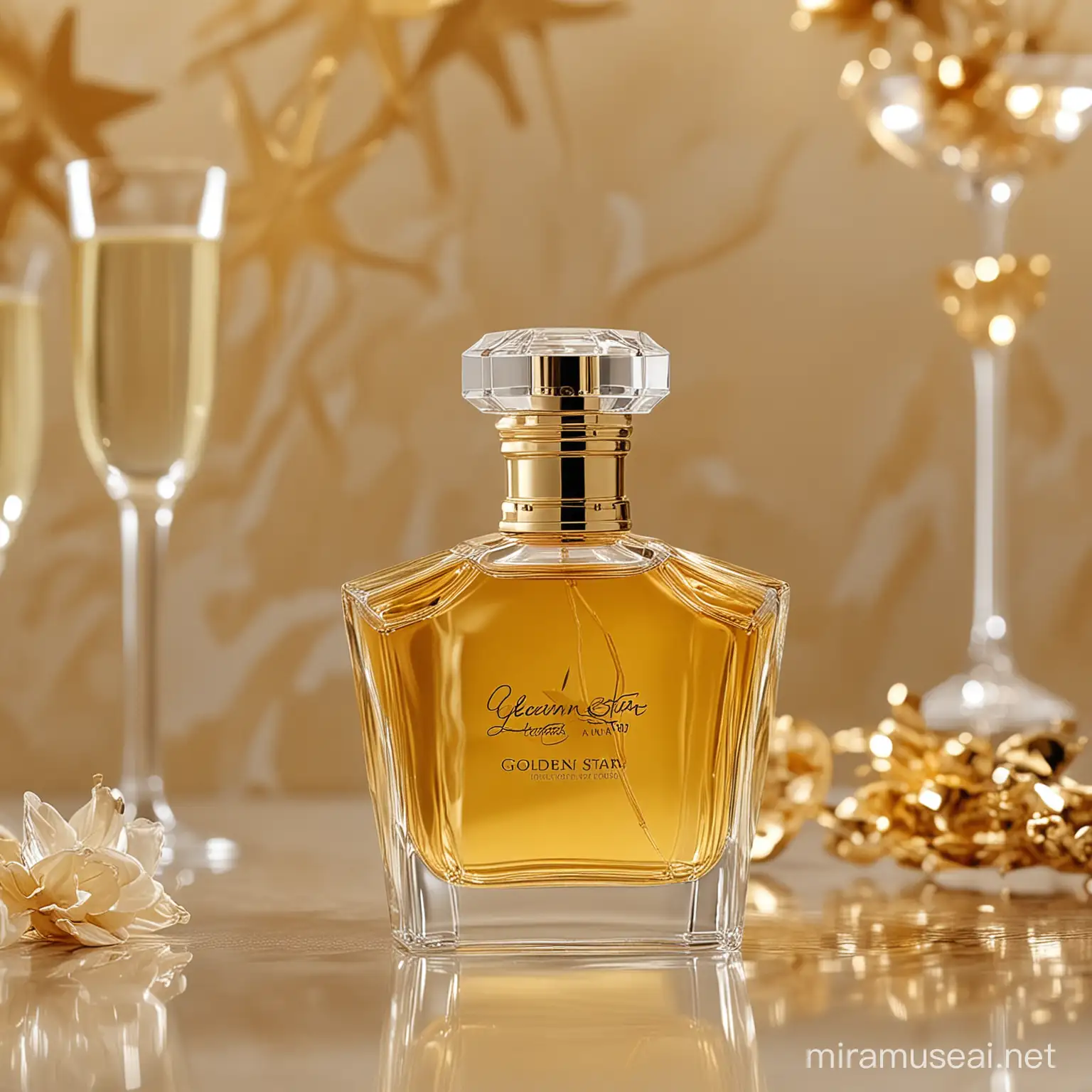 a luxury bottle of perfume from Gleam called Golden Star with a background of champagne