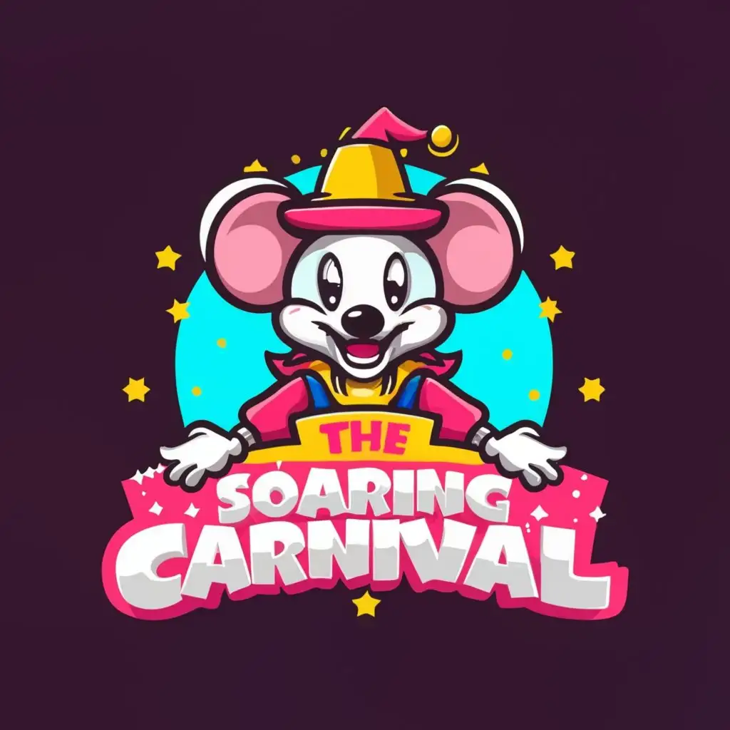 a logo design,with the text "The Soaring Carnival", main symbol:mouse/clown/cute/pink,Moderate,be used in Internet industry,clear background