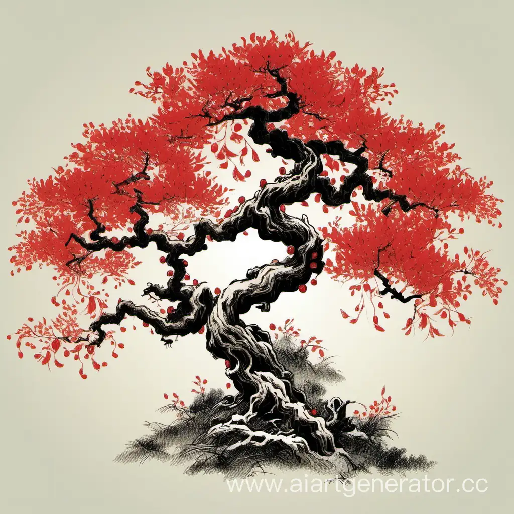  китайское дерево с красной кроной в китайской графике