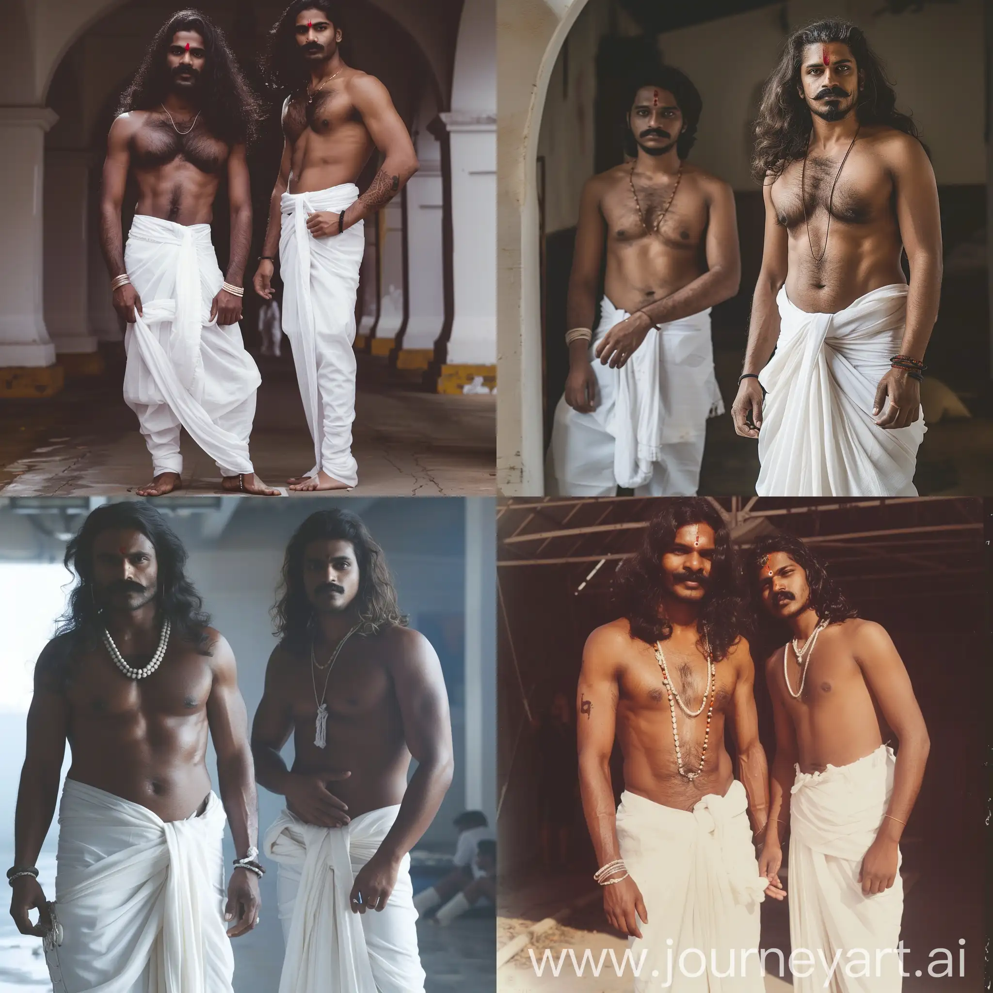 Dark skinned masculine Kerala man with wearing only white dhothi, long hair, mustache  and beared, looking 30yers old, standind with another young man who wear white pants only
