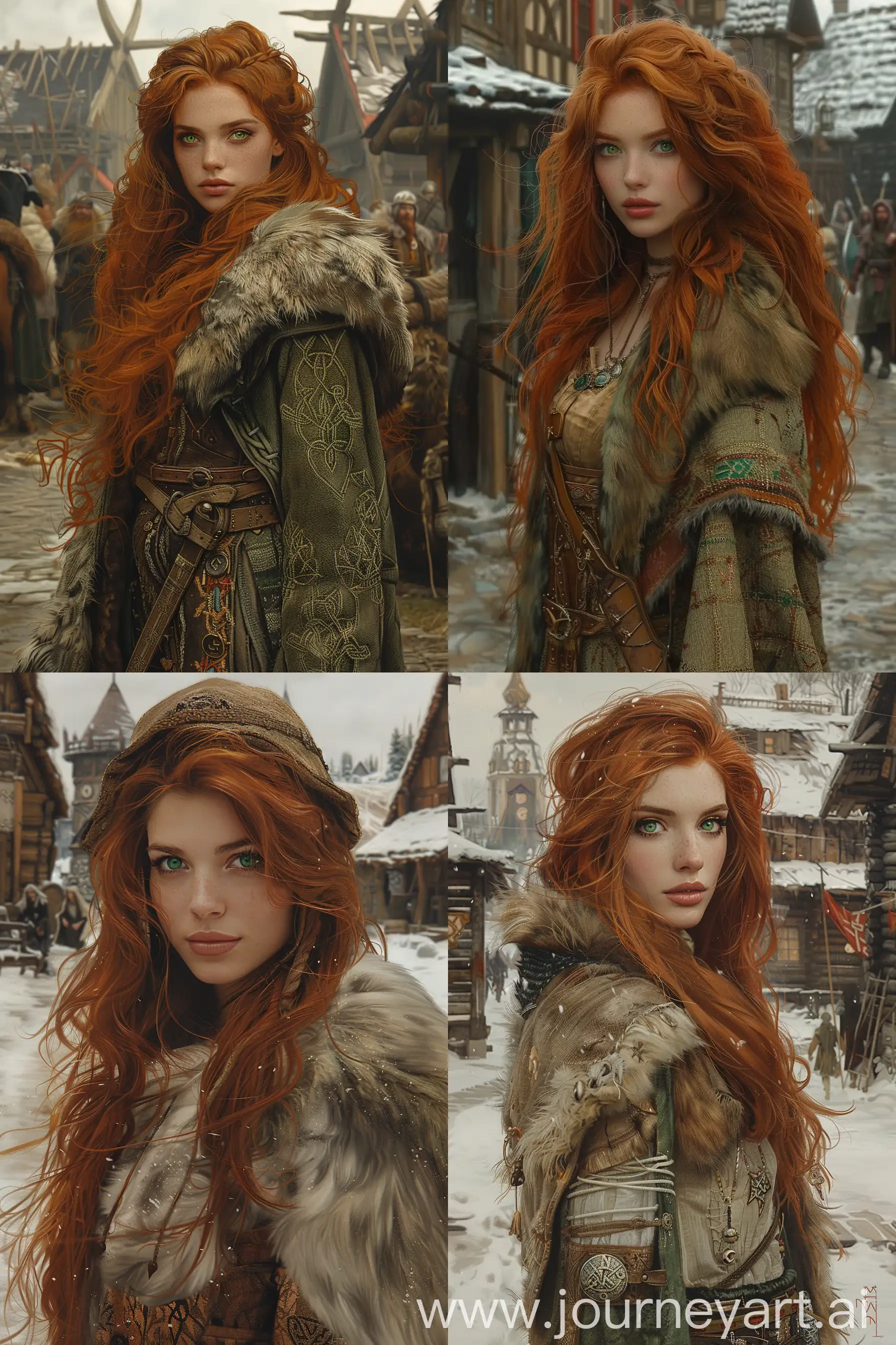 A full body digital painting of a beautiful female Slavic Russian, aged 25 that looks like [Megan Fox+ Angelina Jolie] with long unruly red hair and green emerald siren eyes, standing in a Viking village. She appears to be a dangerous berserkr and beautiful witch. She wears a beautiful furs slavis russian wariors attire and fur gat. Painted by John William Waterhouse --ar 2:3 --v 6 --s 500