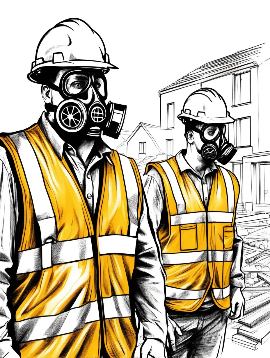 Builders with gas mask wearing hi vis vest on site sketch 